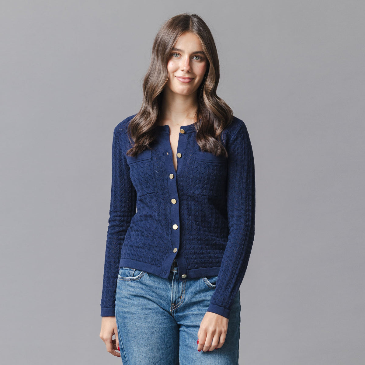 Organic Pointelle Cardigan in Navy Pointelle — front view
