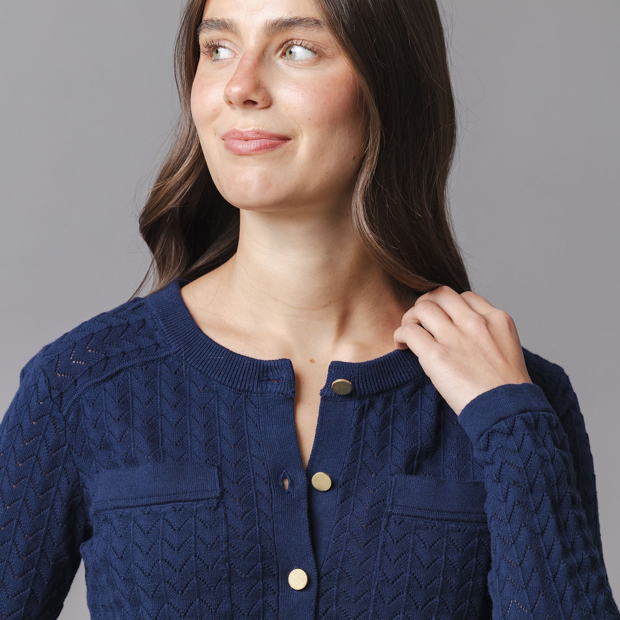 Organic Pointelle Cardigan in Navy Pointelle — back view
