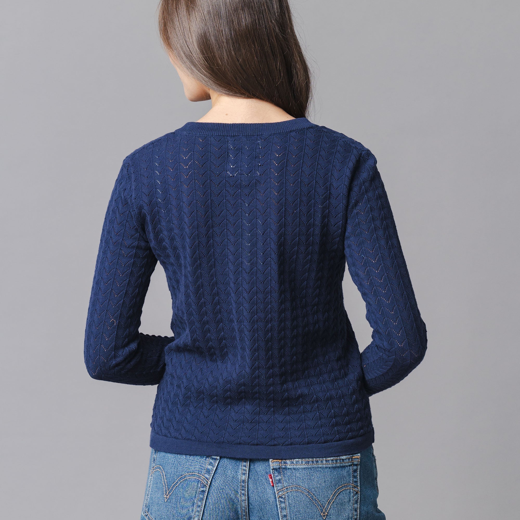 Organic Pointelle Cardigan in Navy Pointelle — detail view