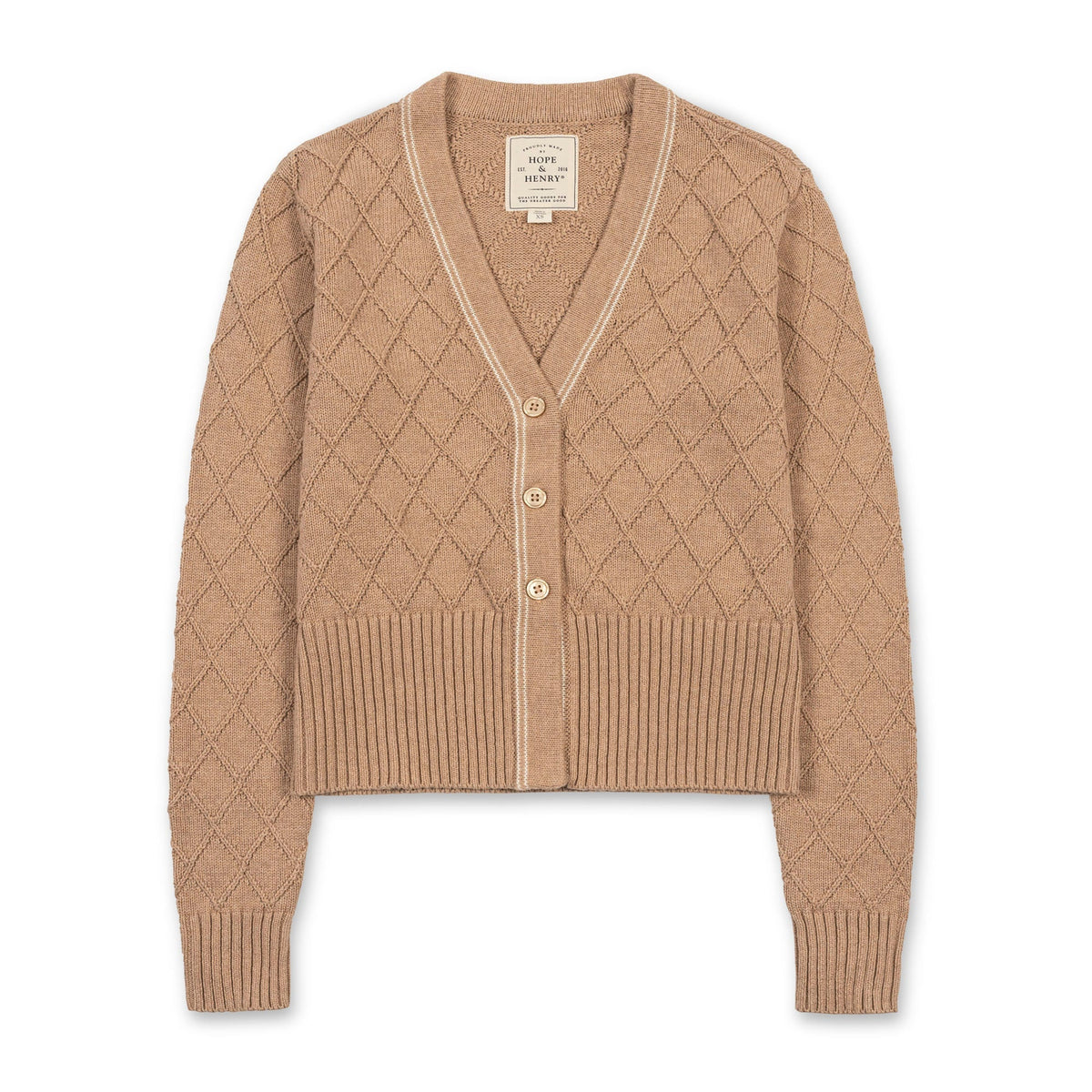 Organic V-Neck Cardigan in Camel Heather — lifestyle photo