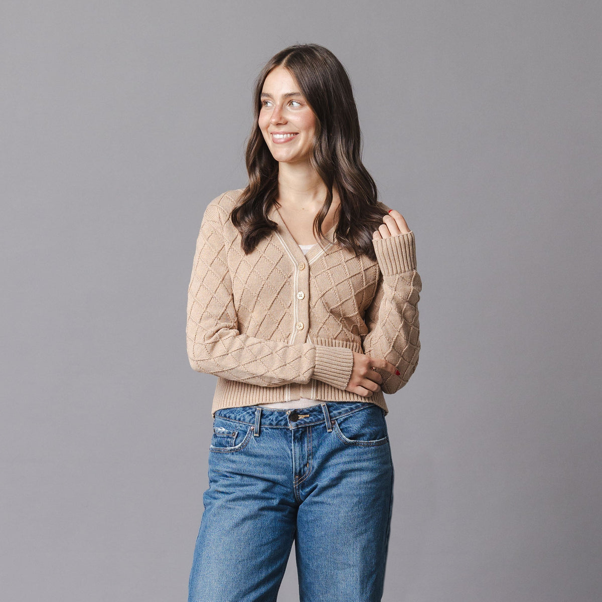 Organic V-Neck Cardigan in Camel Heather — front view