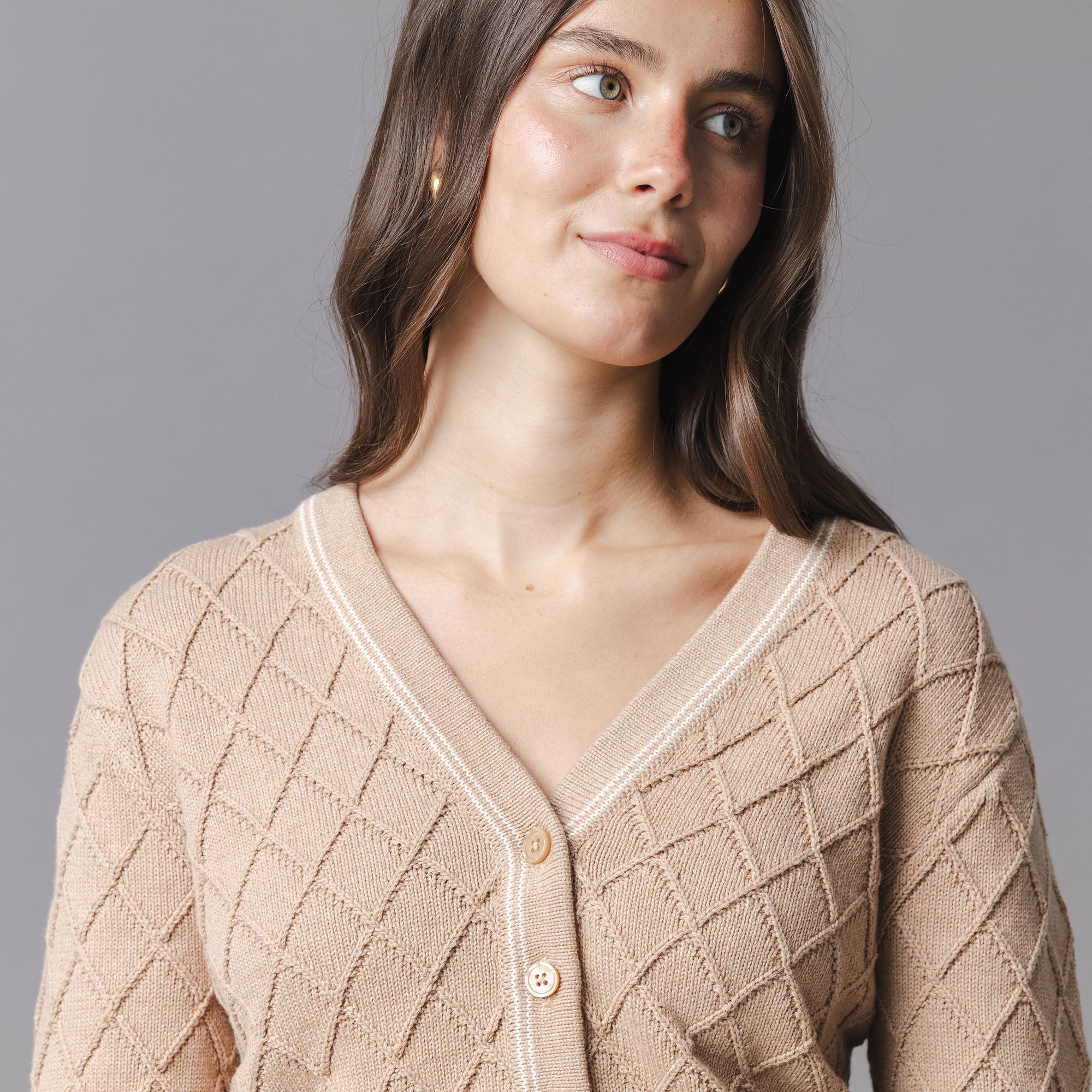 Organic V-Neck Cardigan in Camel Heather — back view