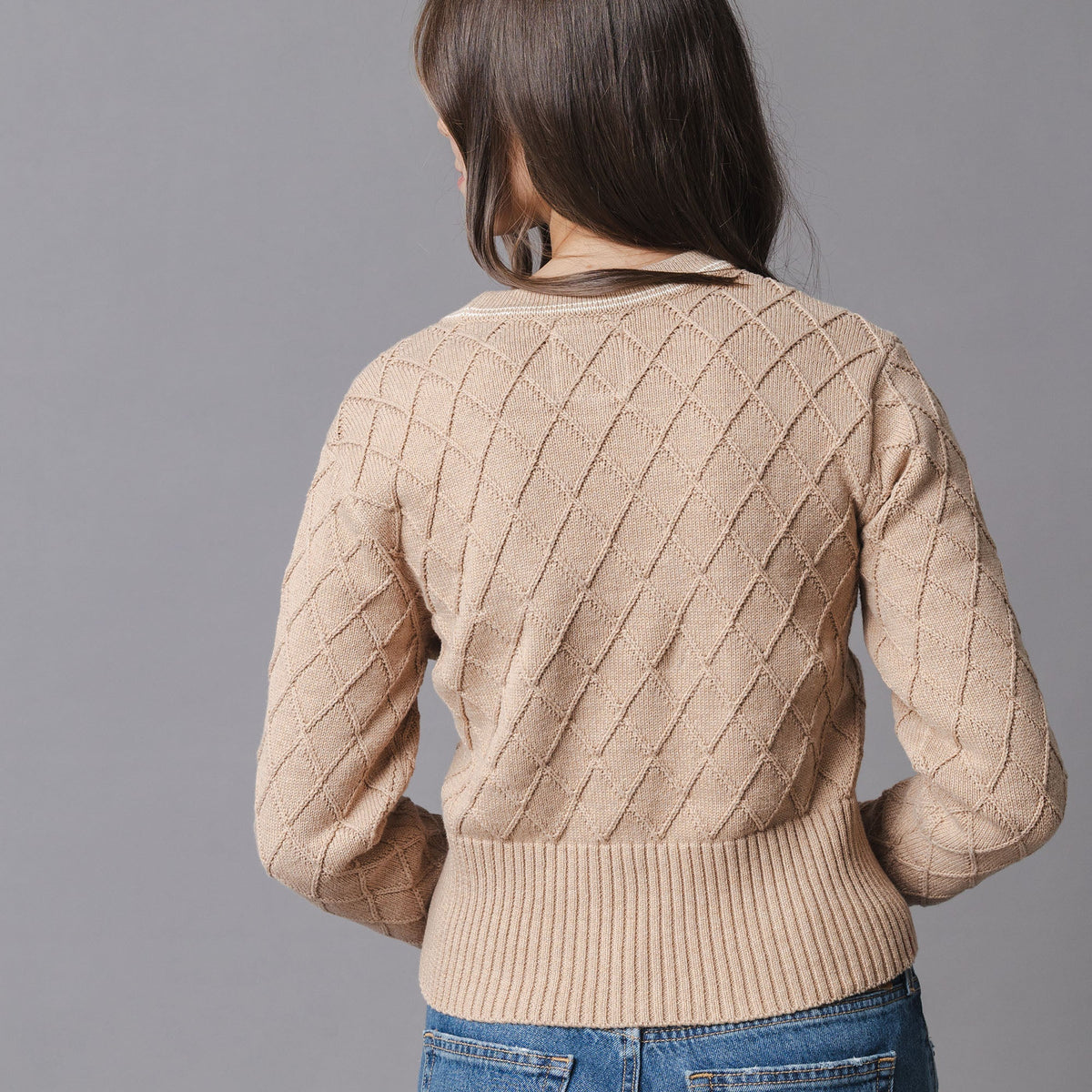 Organic V-Neck Cardigan in Camel Heather — detail view