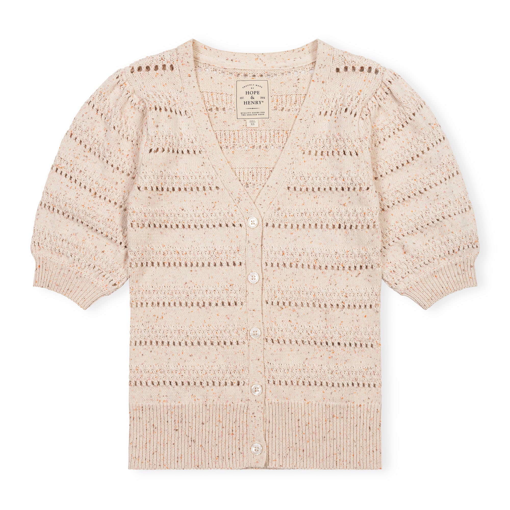 Organic Puff Sleeve Sweater Cardigan in Ivory Multi Fleck — lifestyle photo
