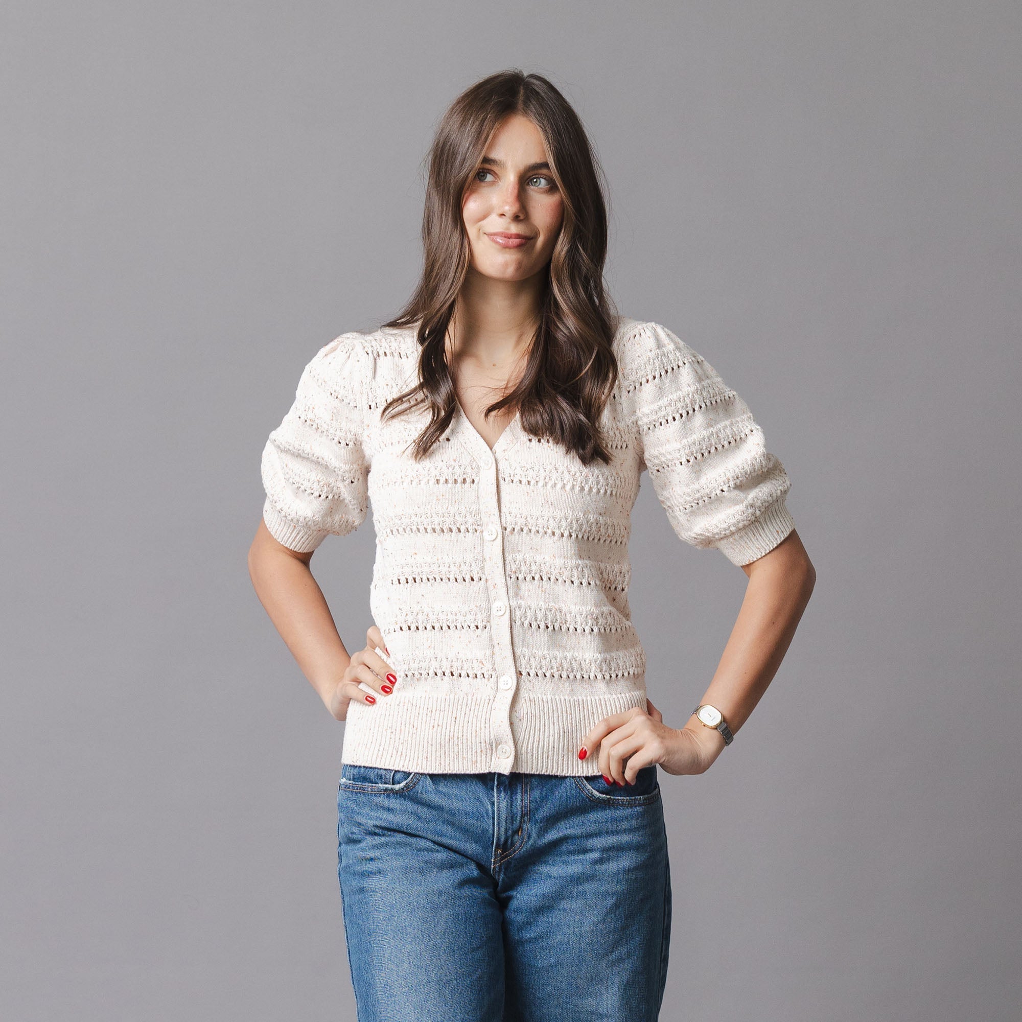 Organic Puff Sleeve Sweater Cardigan in Ivory Multi Fleck — front view