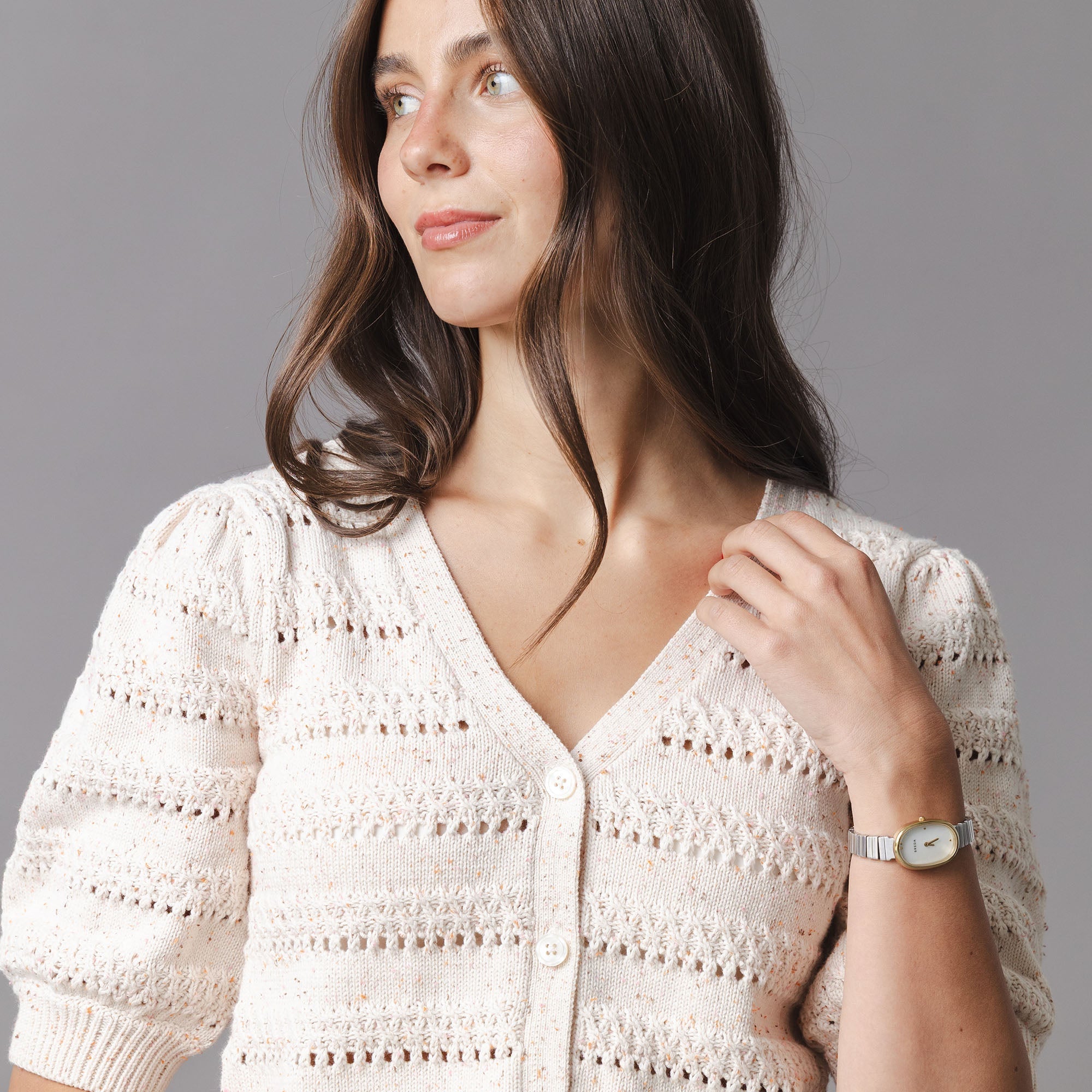 Organic Puff Sleeve Sweater Cardigan in Ivory Multi Fleck — back view