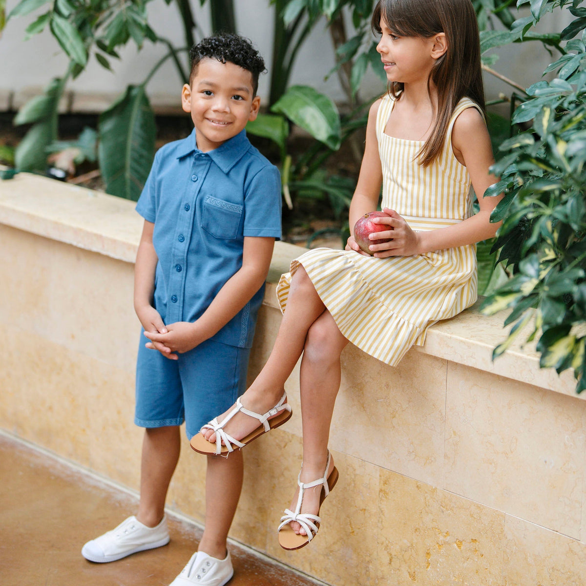 Organic Pique Pull-On Short in Stone Blue — lifestyle photo