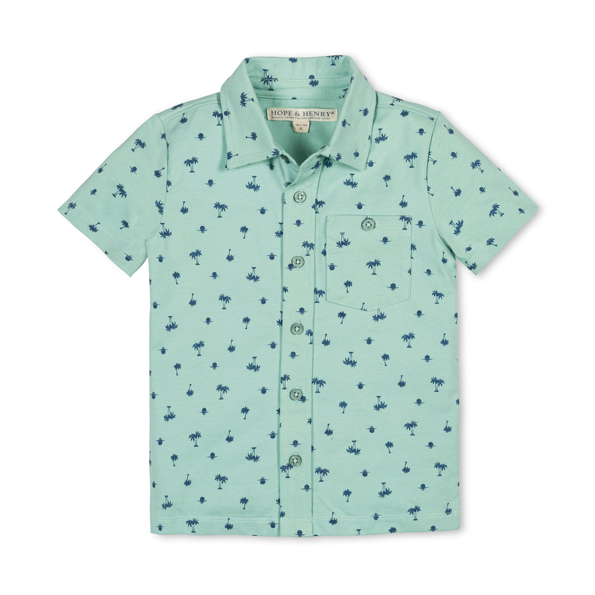 Organic Jersey Button Down Shirt in Tidal Palm Print — front view