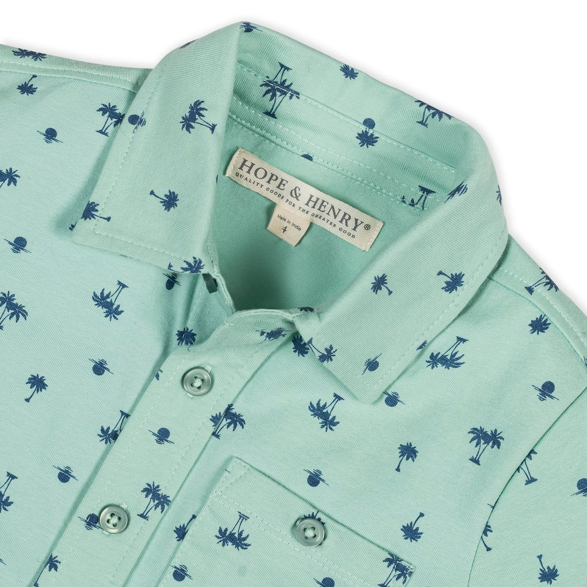 Organic Jersey Button Down Shirt in Tidal Palm Print — back view