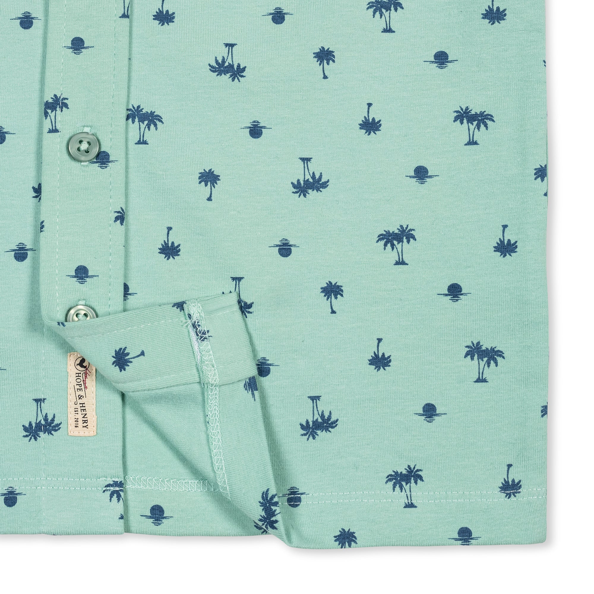 Organic Jersey Button Down Shirt in Tidal Palm Print — detail view