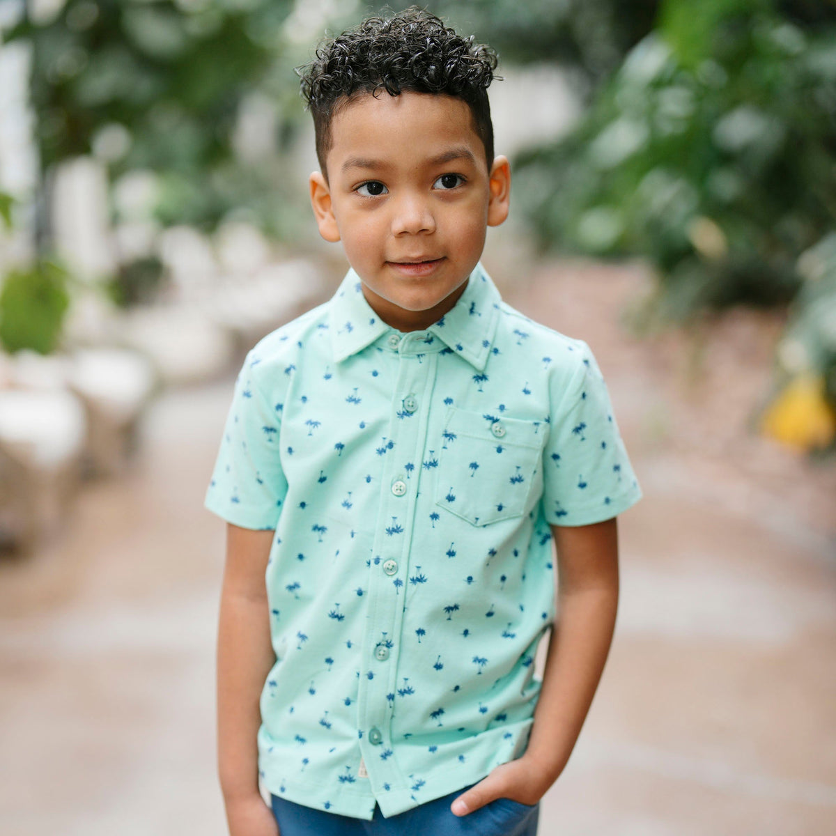 Organic Jersey Button Down Shirt in Tidal Palm Print — lifestyle photo