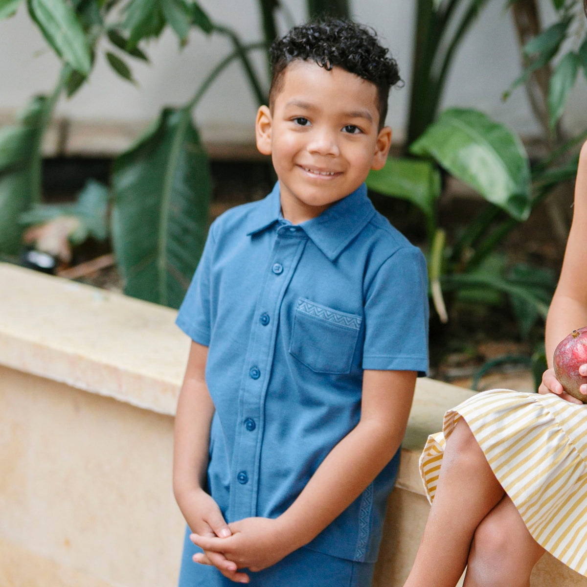 Organic Short Sleeve Pique Shirt in Stone Blue — lifestyle photo