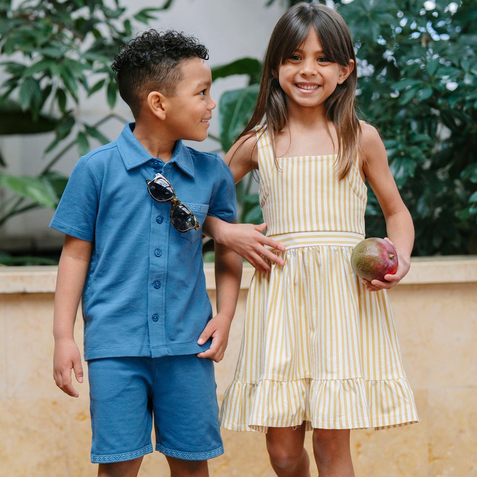 Organic Short Sleeve Pique Shirt in Stone Blue — lifestyle photo