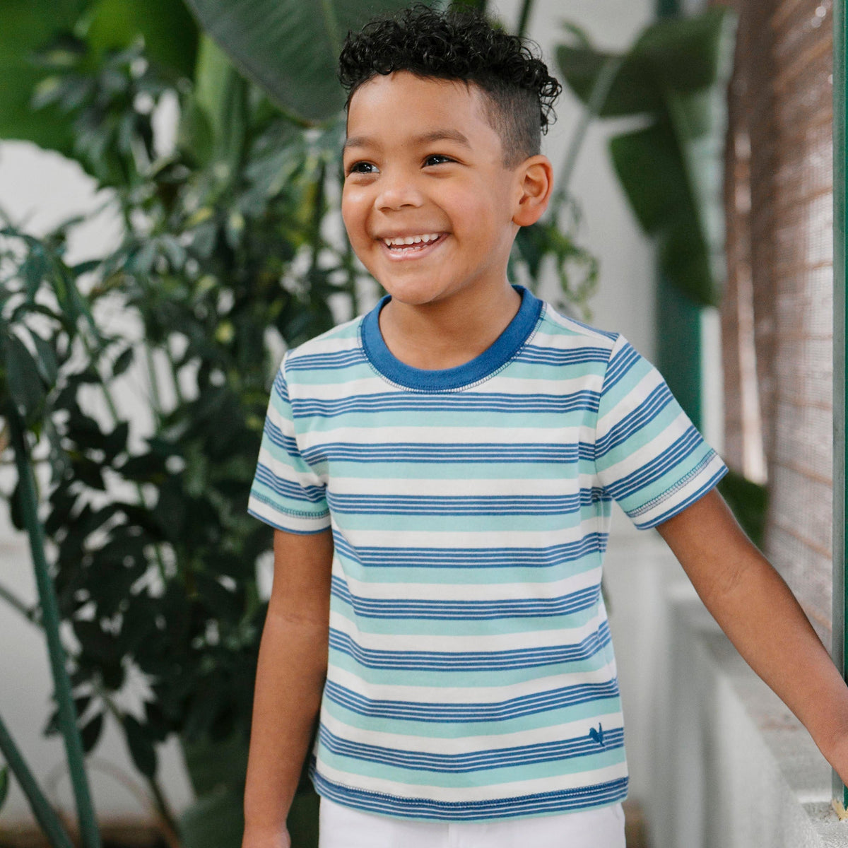 Organic Short Sleeve Henley Tee in Tidal Stripe — lifestyle photo