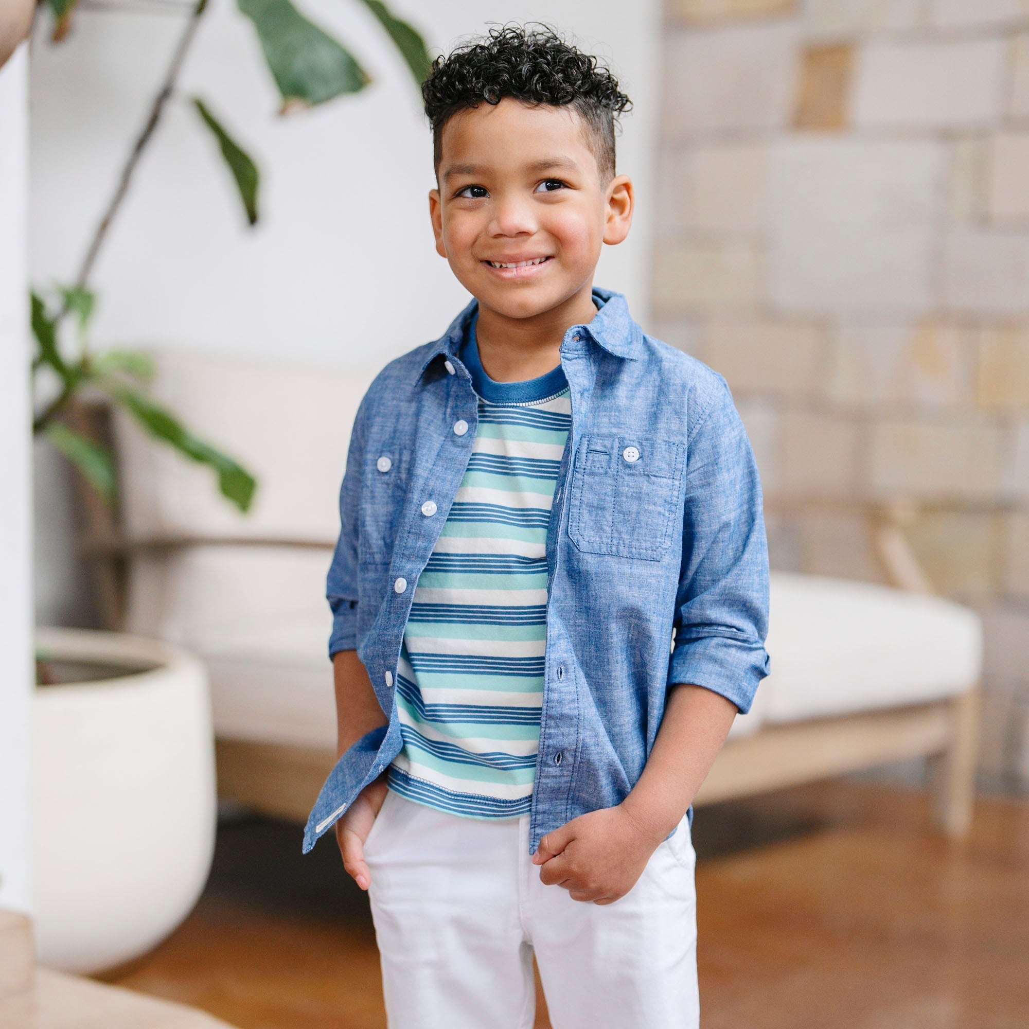 Organic Short Sleeve Henley Tee in Tidal Stripe — lifestyle photo