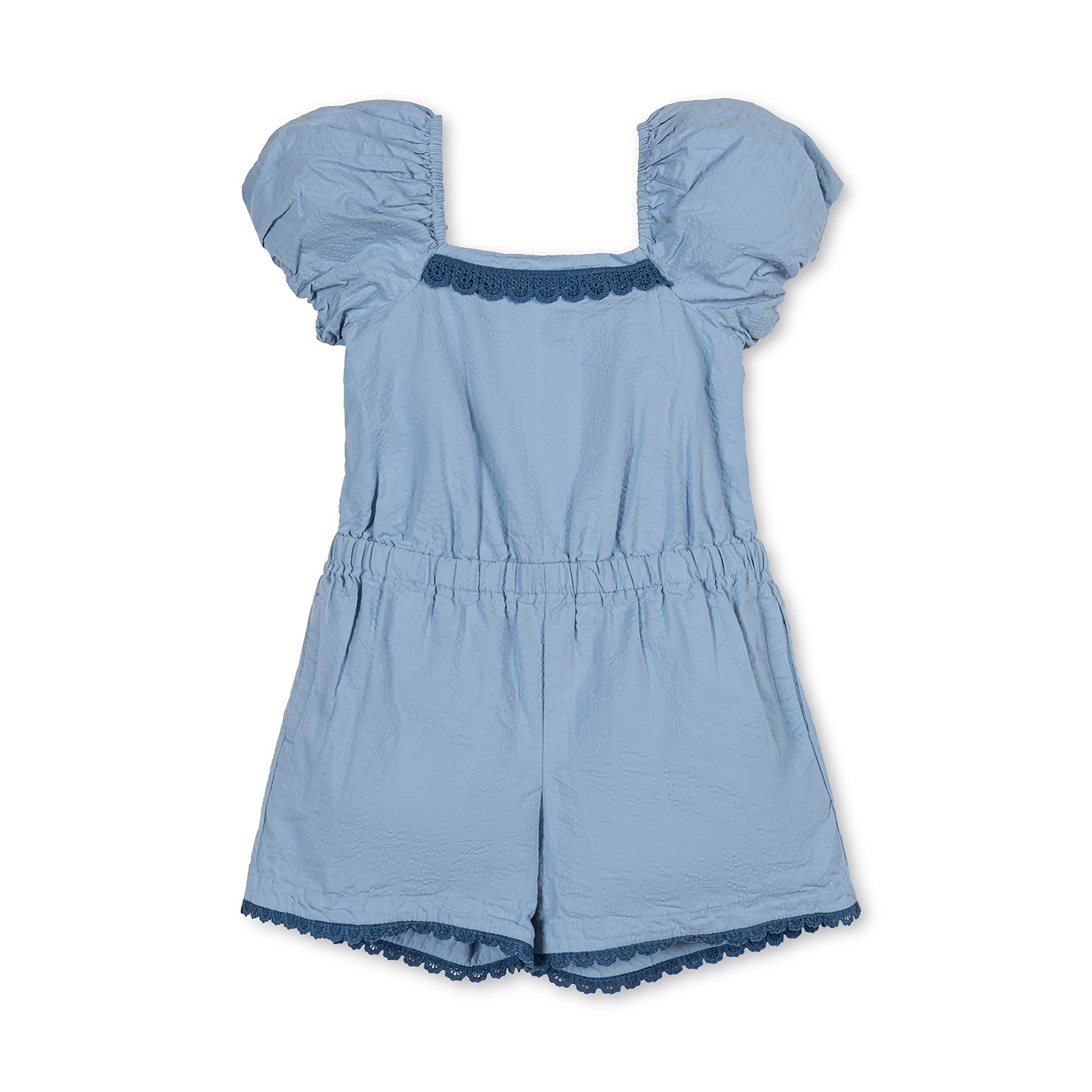 Organic Puff Sleeve Seersucker Romper in Bluebell — front view