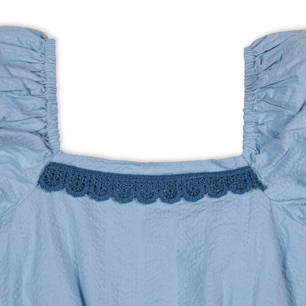 Organic Puff Sleeve Seersucker Romper in Bluebell — side view