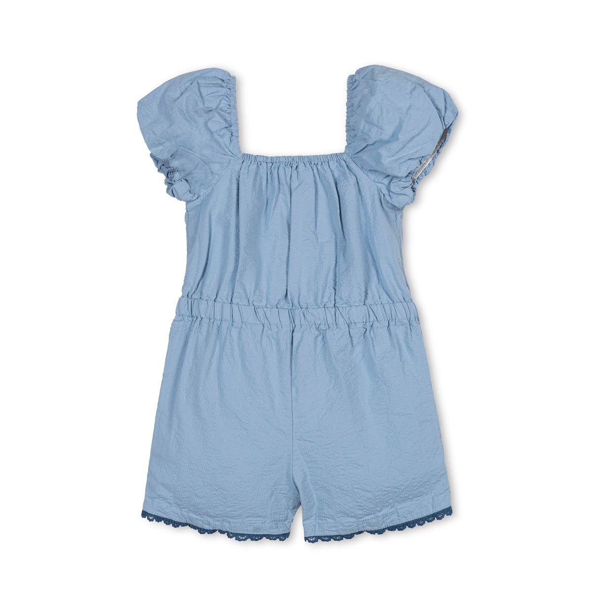 Organic Puff Sleeve Seersucker Romper in Bluebell — detail view