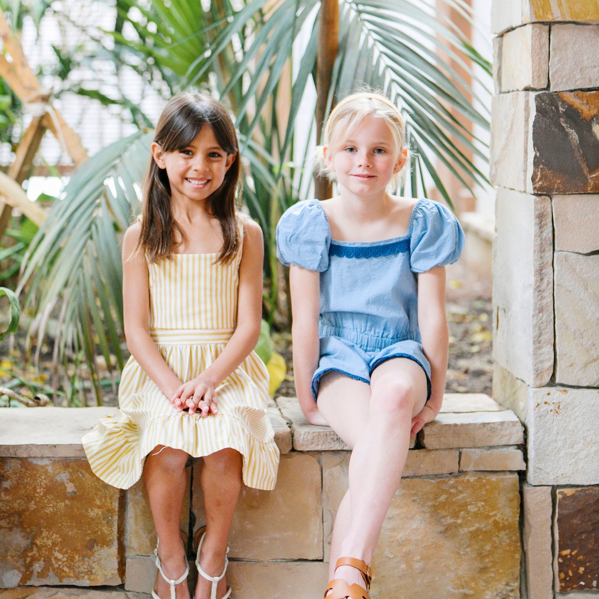 Organic Puff Sleeve Seersucker Romper in Bluebell — lifestyle photo