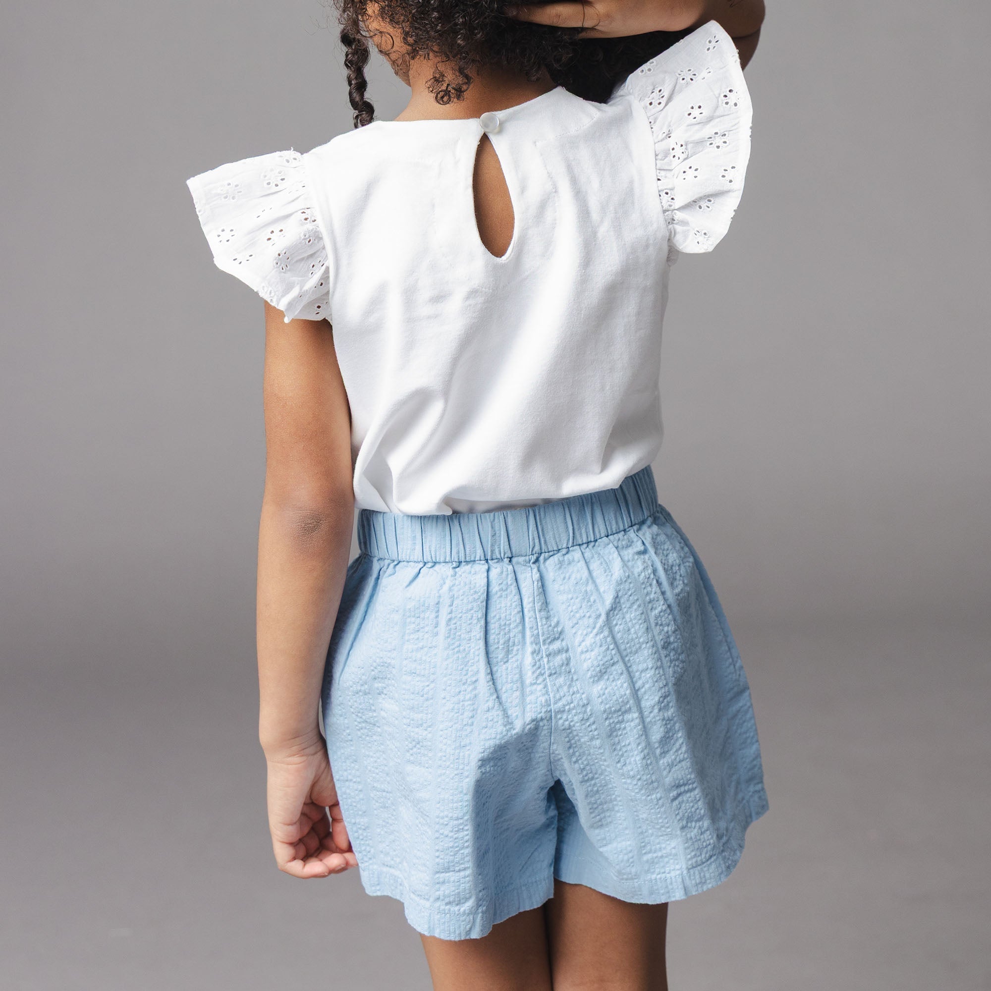 Organic Seersucker Pull-On Short in Bluebell — back view