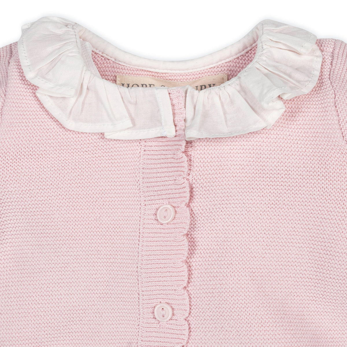 Organic Ruffle Collar Sweater Romper in Pale Pink — back view