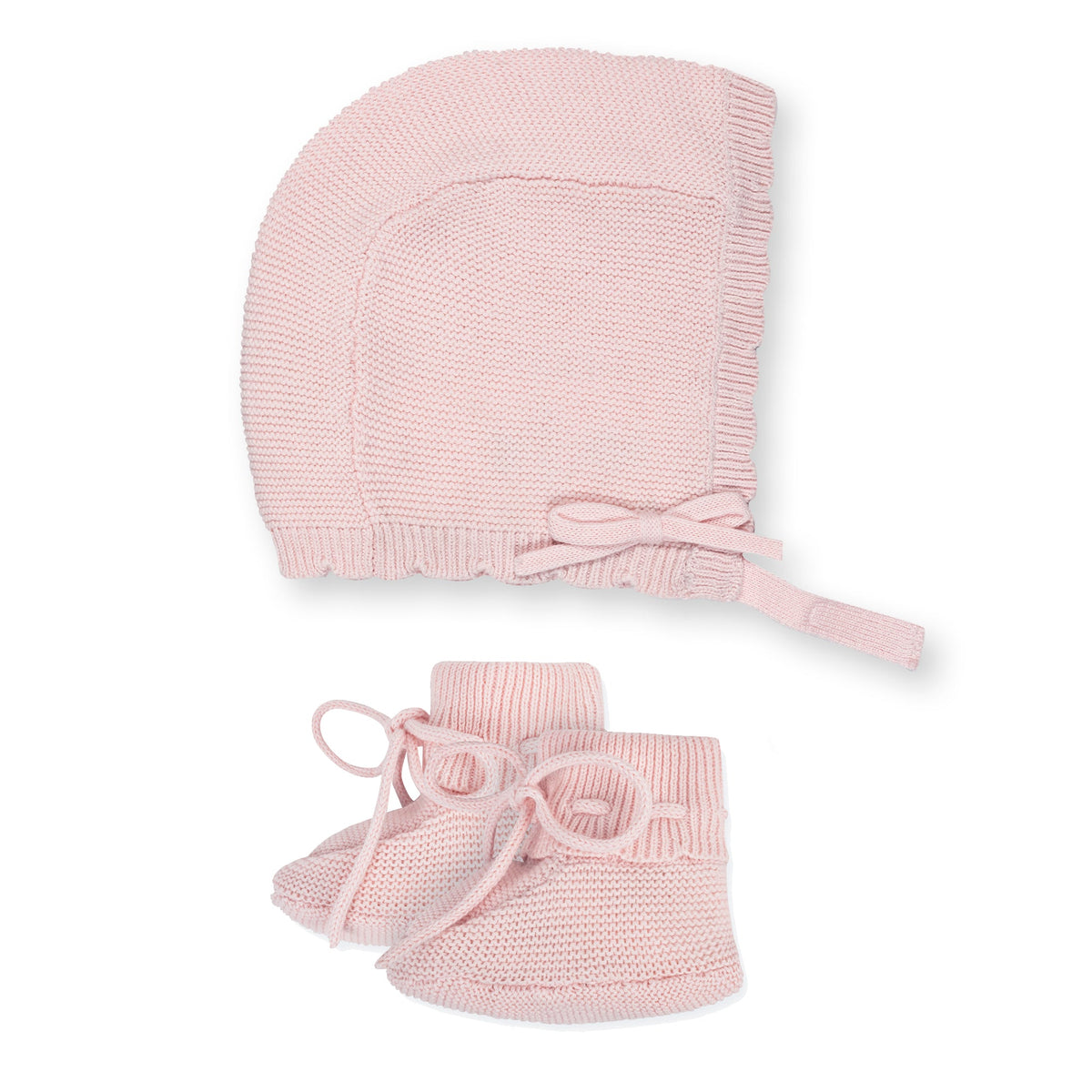 Organic Sweater Bonnet and Bootie Set in Pale Pink — styled flat