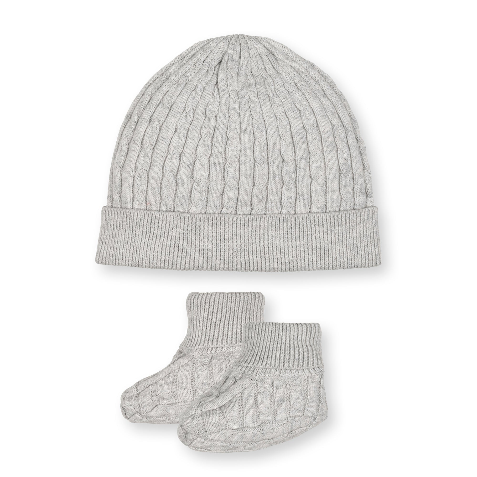 Organic Sweater Beanie and Bootie Set in Light Gray Heather Cable — styled flat