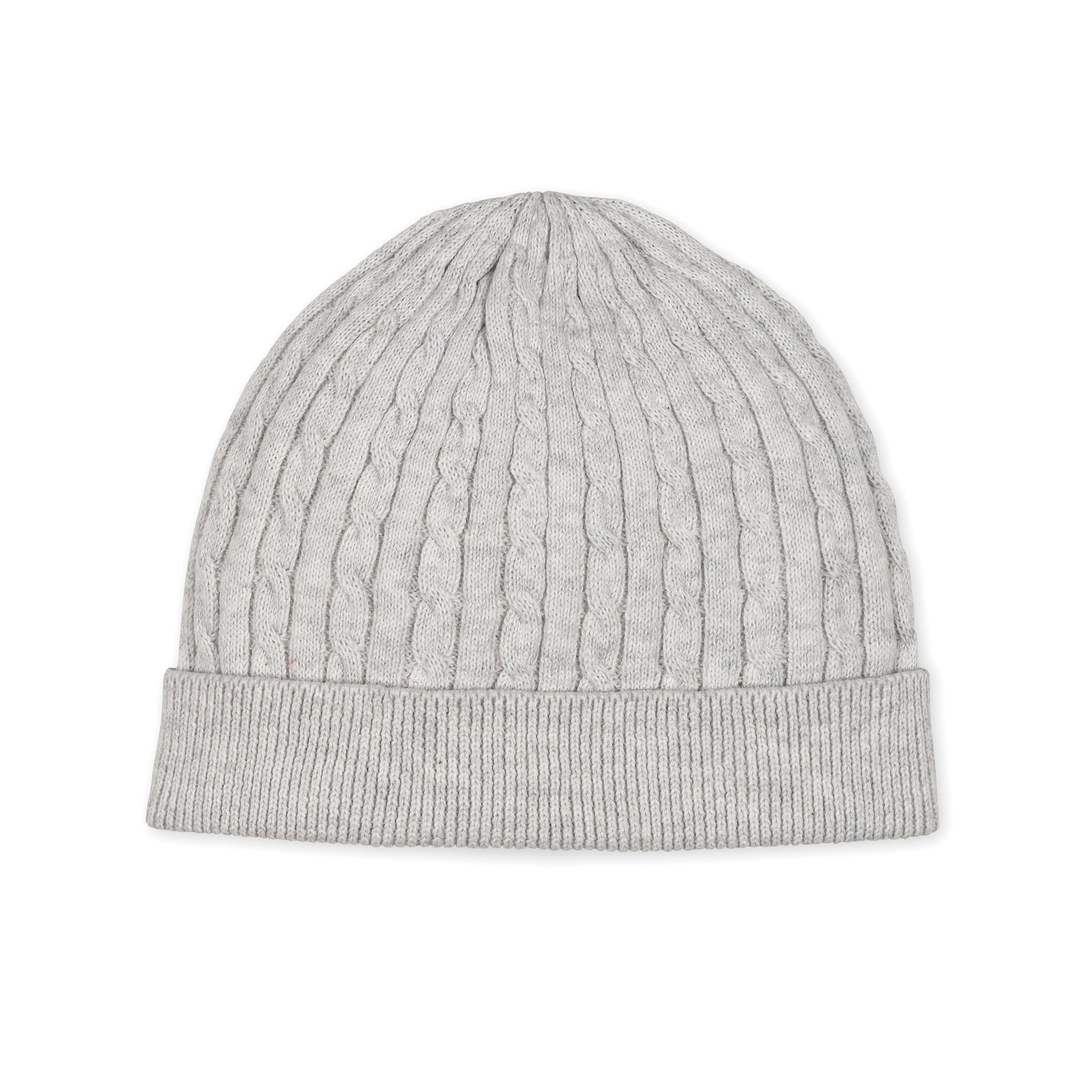 Organic Sweater Beanie and Bootie Set in Light Gray Heather Cable — detail view