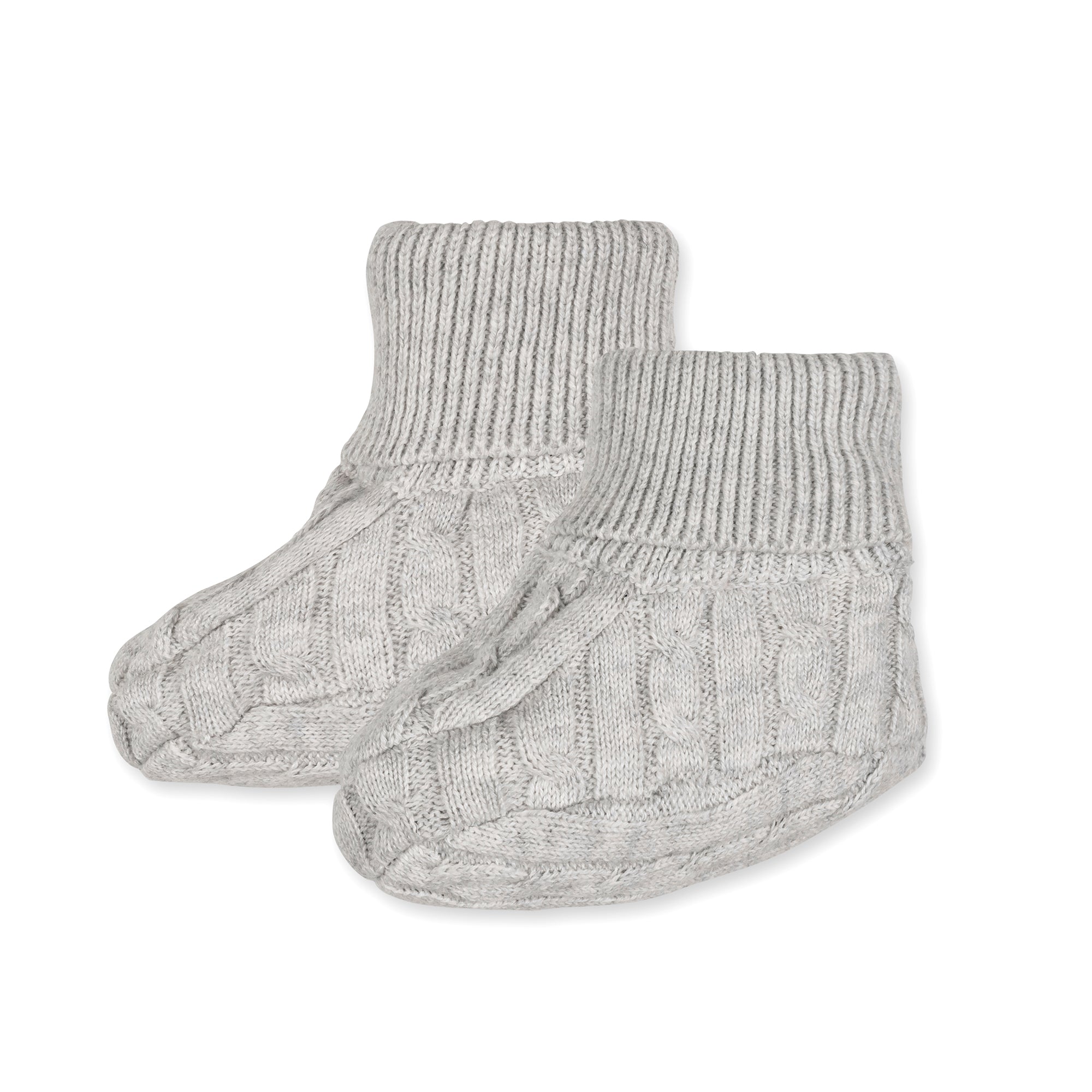 Organic Sweater Beanie and Bootie Set in Light Gray Heather Cable — detail view