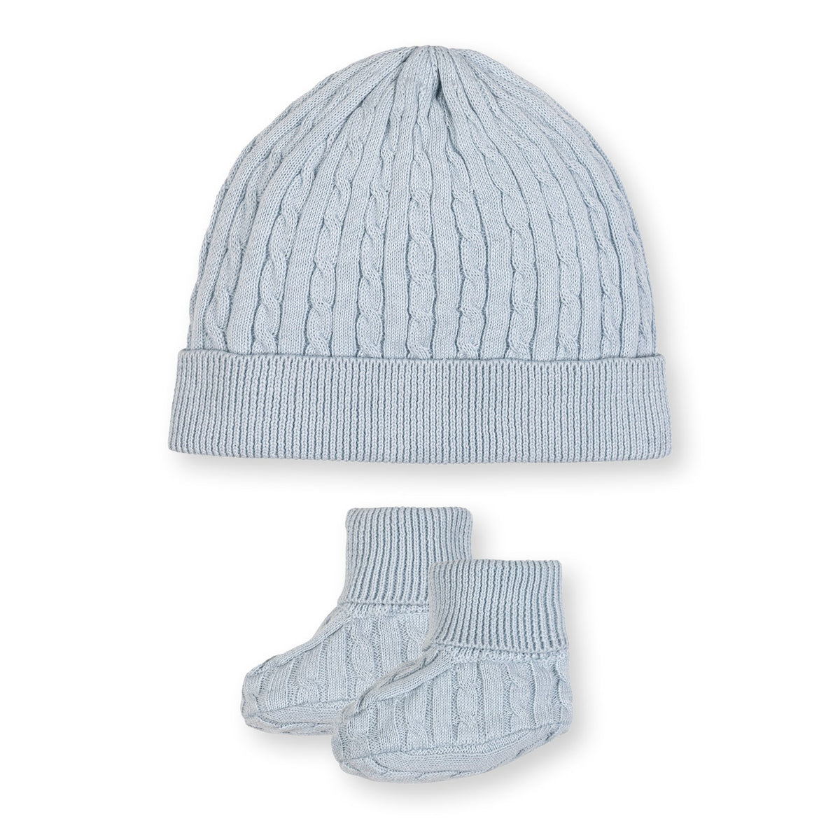 Organic Sweater Beanie and Bootie Set in Pale Blue Cable — styled flat