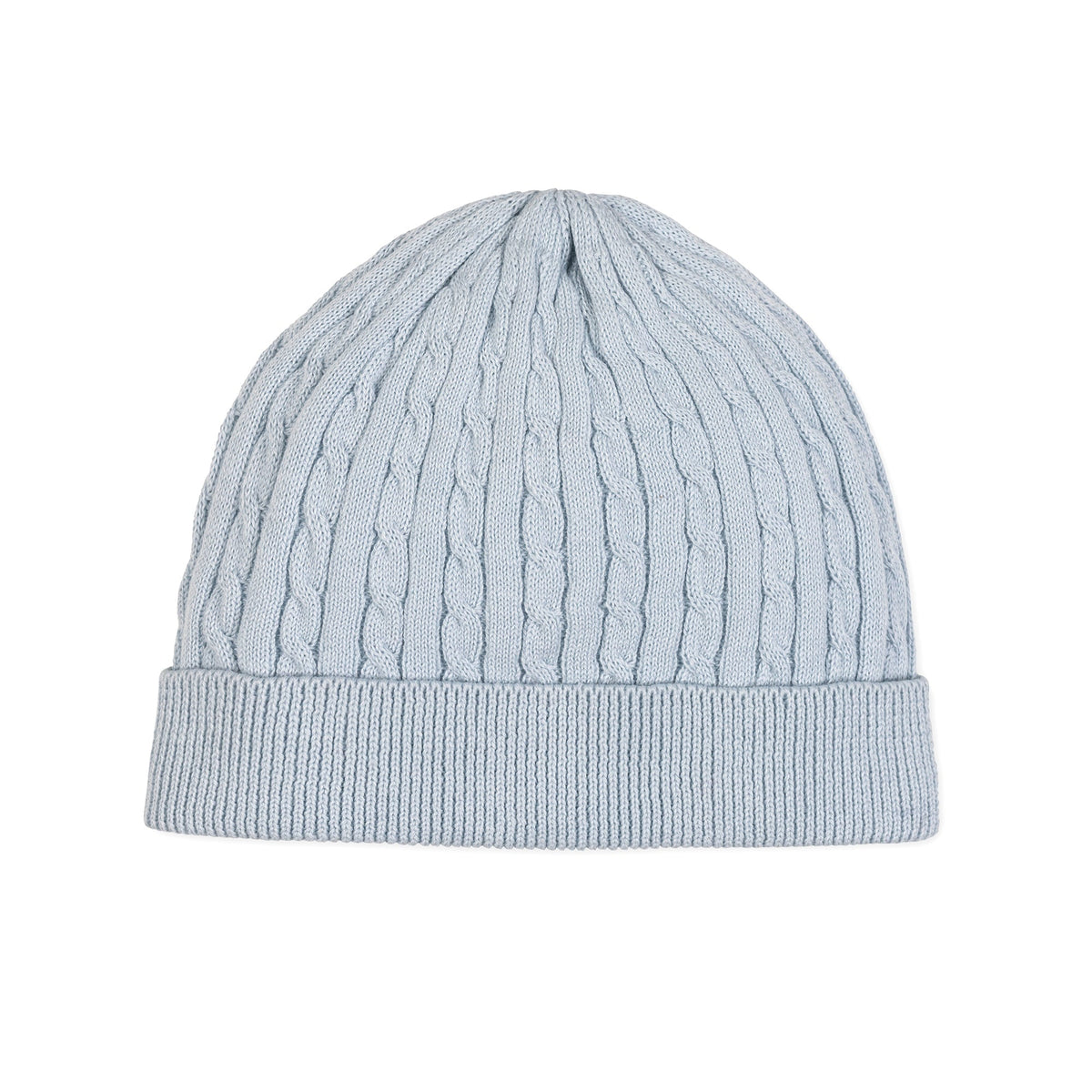 Organic Sweater Beanie and Bootie Set in Pale Blue Cable — detail view