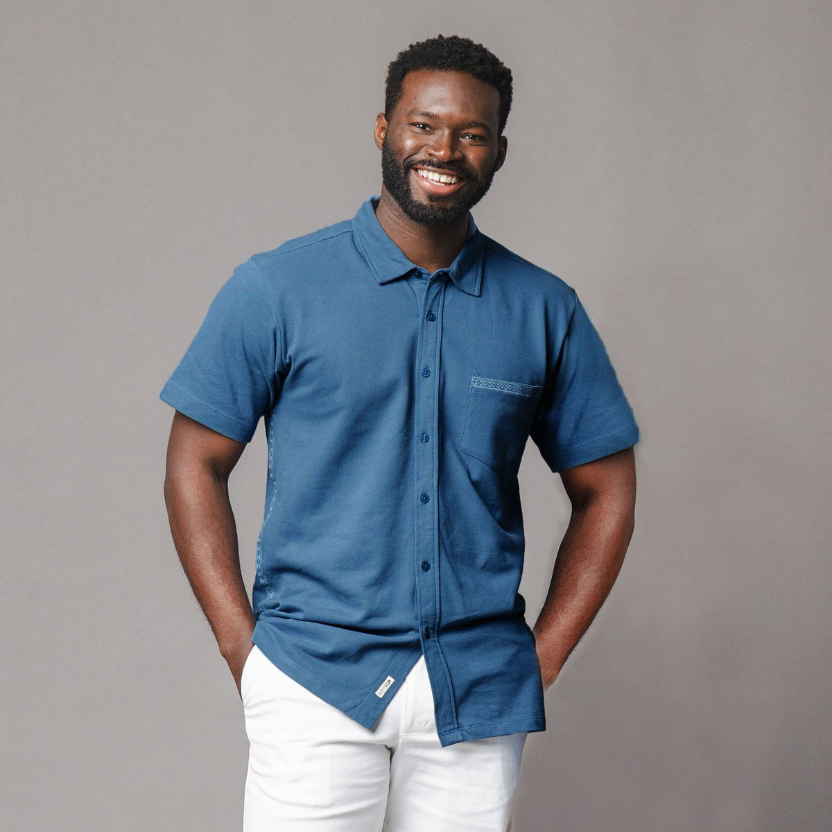 Organic Pique Short Sleeve Shirt in Stone Blue — front view