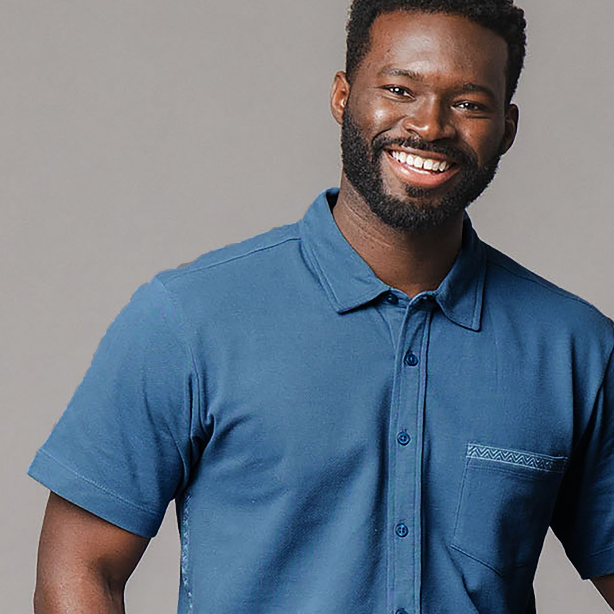 Organic Pique Short Sleeve Shirt in Stone Blue — back view