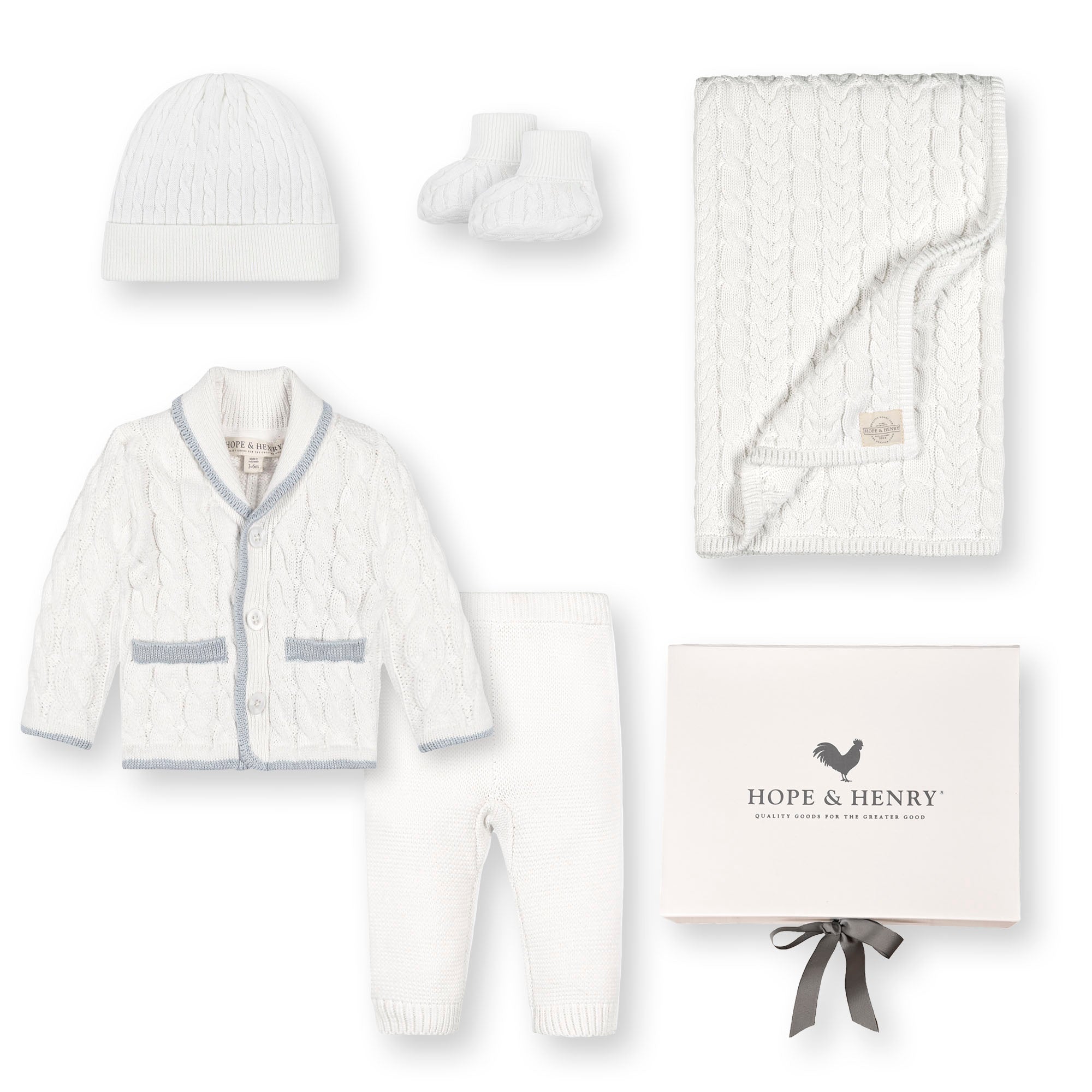 Organic Cable Knit 5-Piece Boxed Gift Set in Snow White — full set in gift box