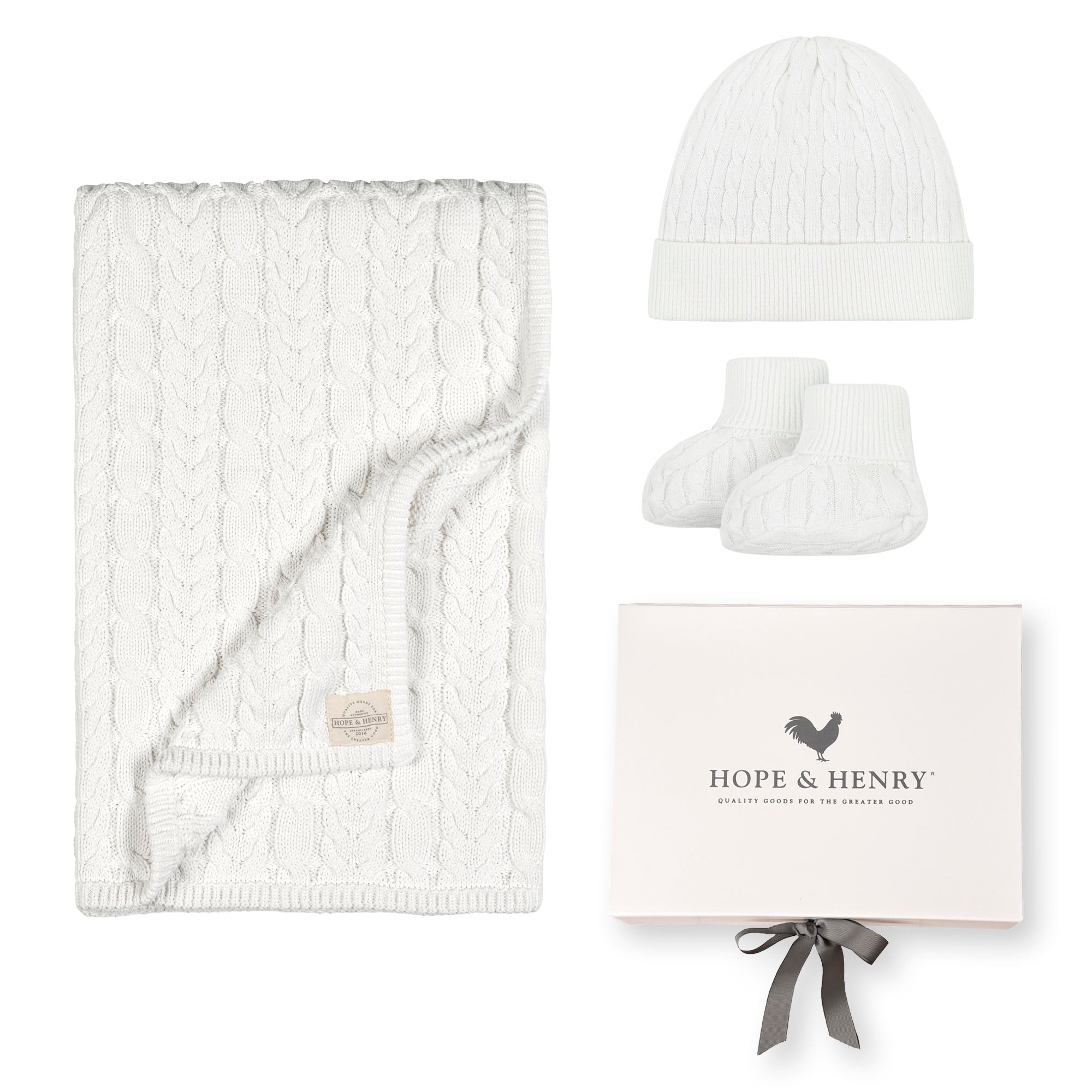 Organic Cable Knit 3-Piece Boxed Gift Set in Snow White — full set in gift box