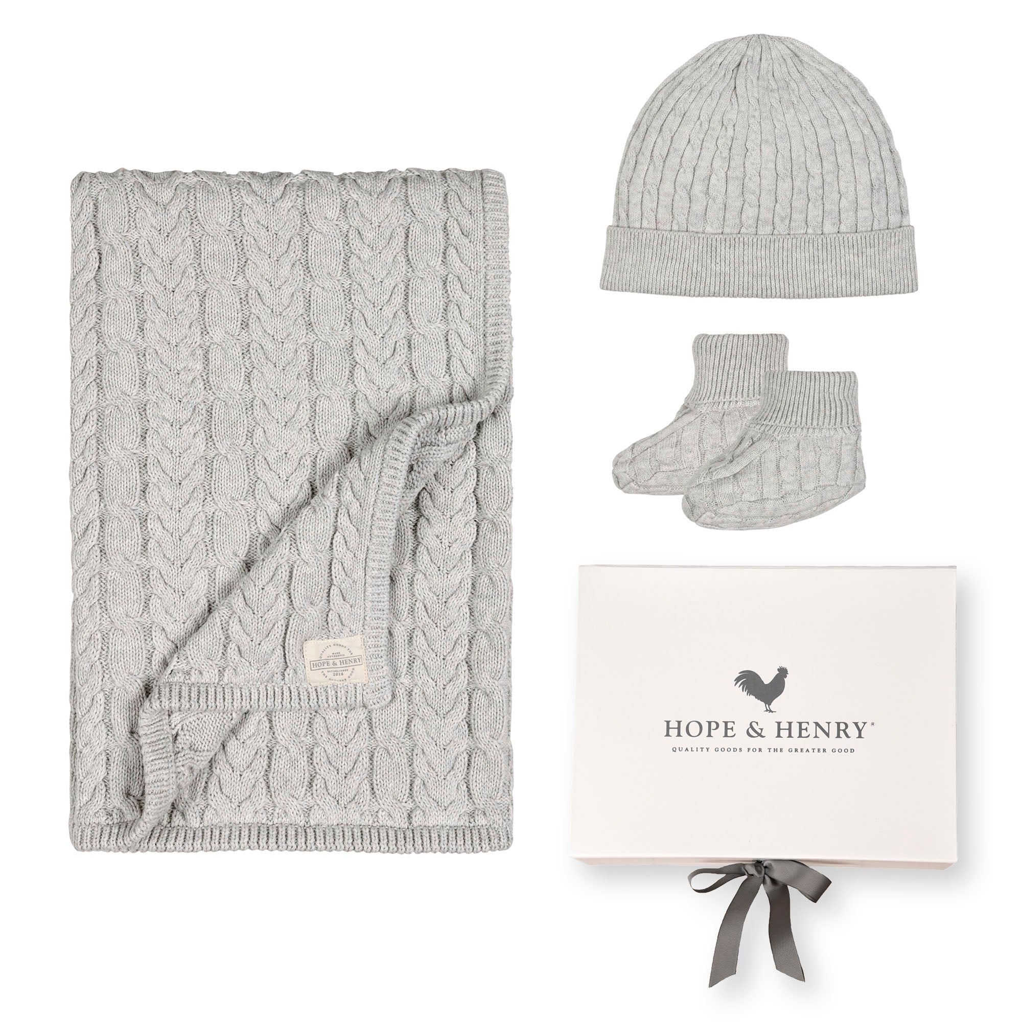 Organic Cable Knit 3-Piece Boxed Gift Set in Light Gray Heather — full set in gift box