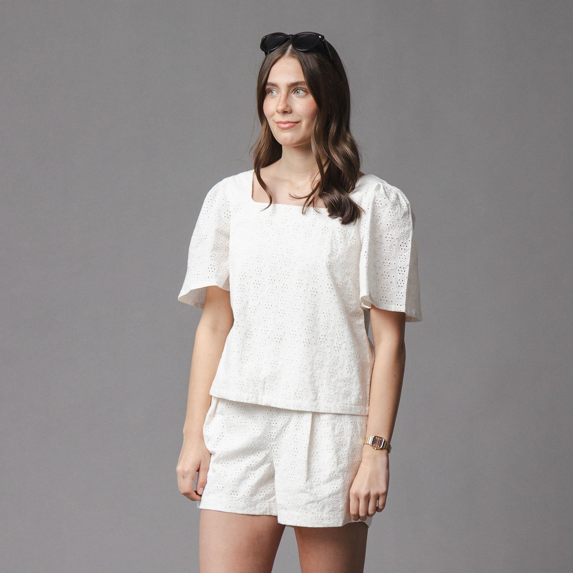 Organic Flounce Sleeve Eyelet Top in Natural Eyelet — front view