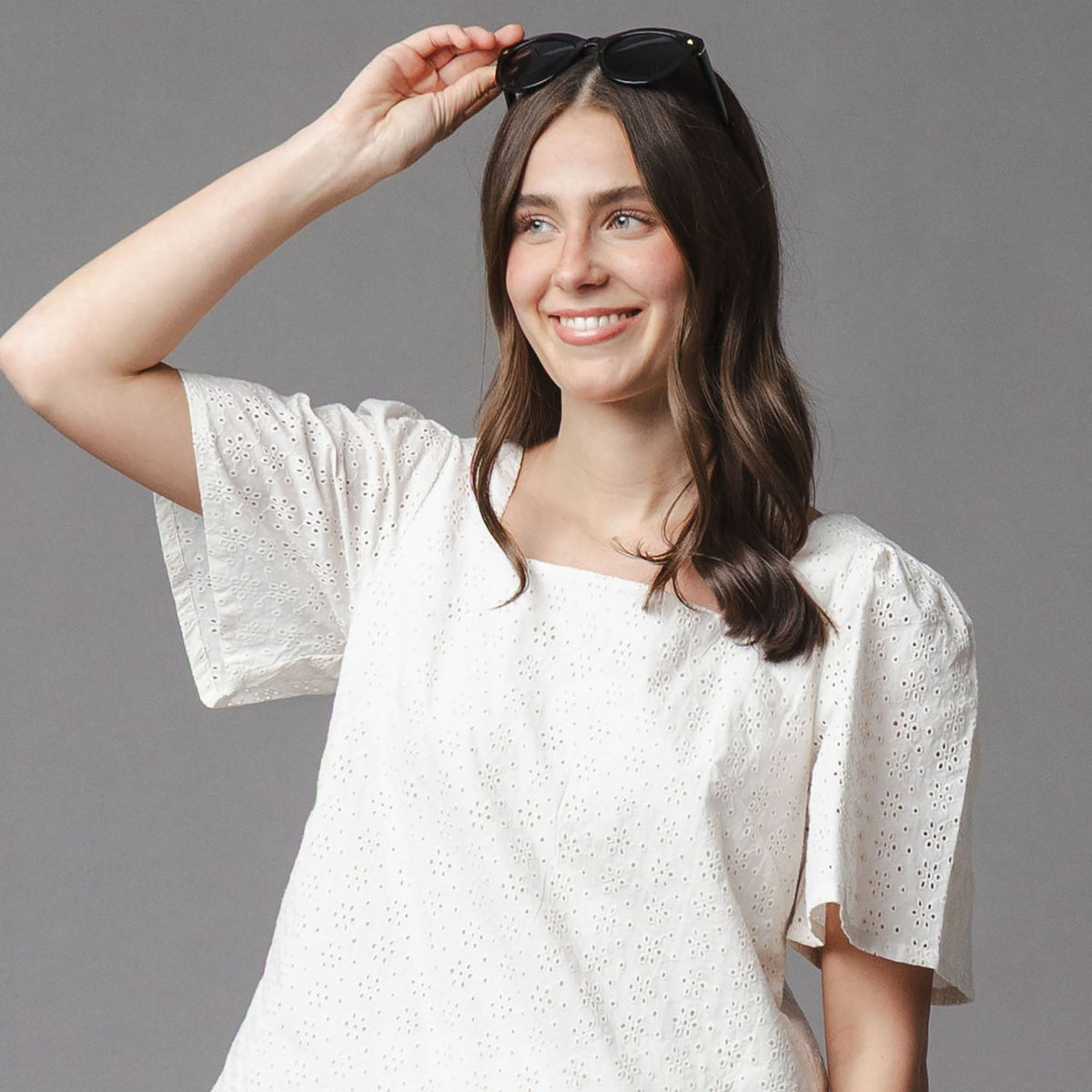 Organic Flounce Sleeve Eyelet Top in Natural Eyelet — back view
