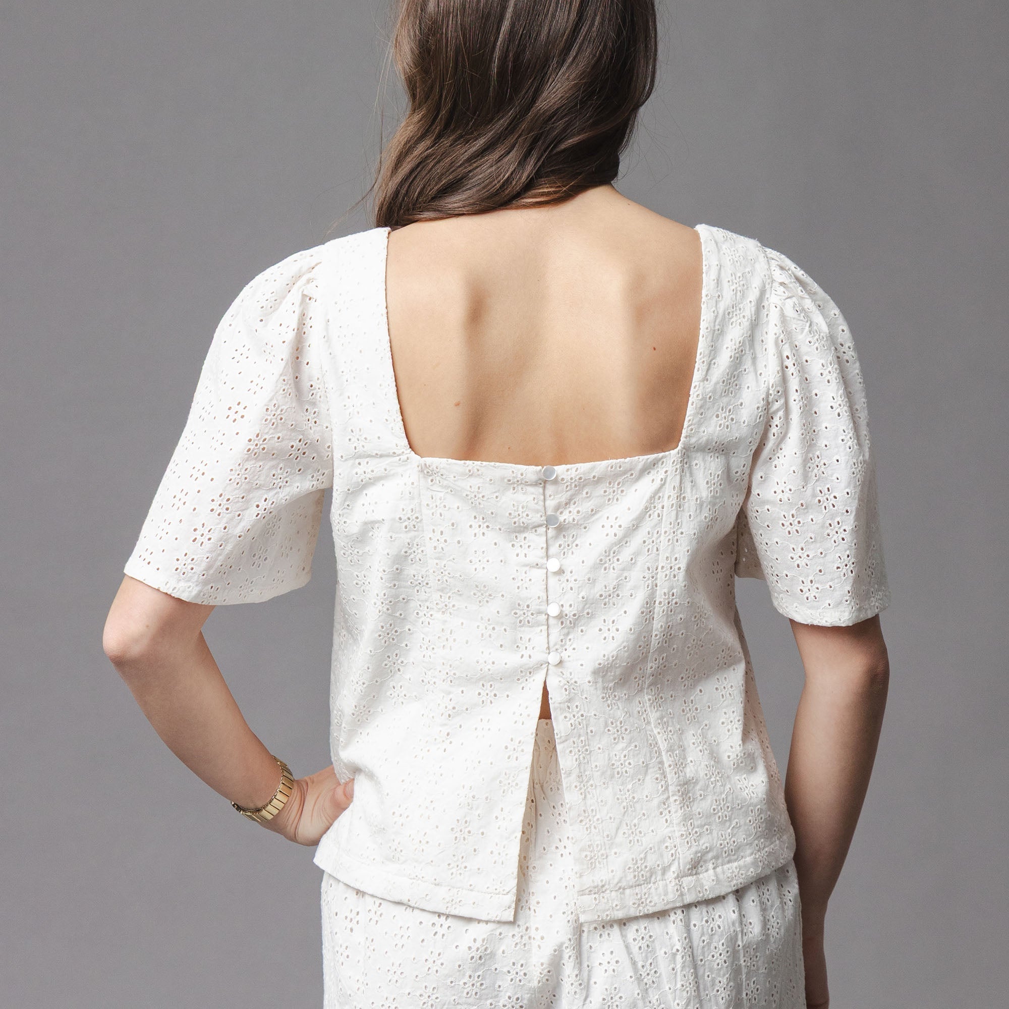 Organic Flounce Sleeve Eyelet Top in Natural Eyelet — detail view