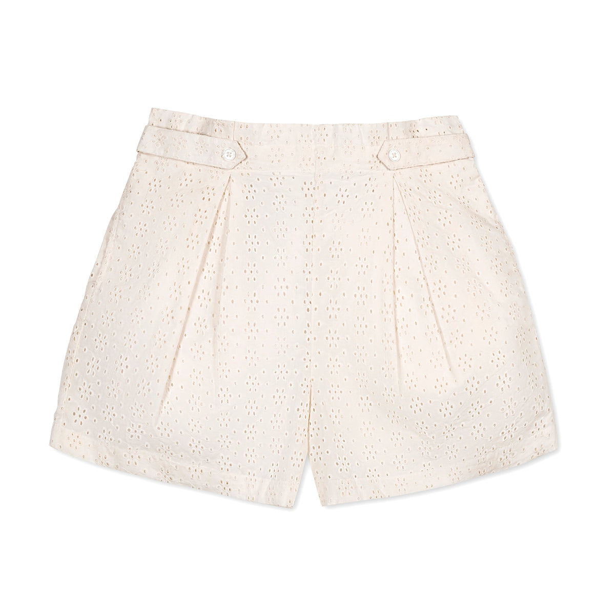 Organic Eyelet Button Tab Short in Natural Eyelet — detail view
