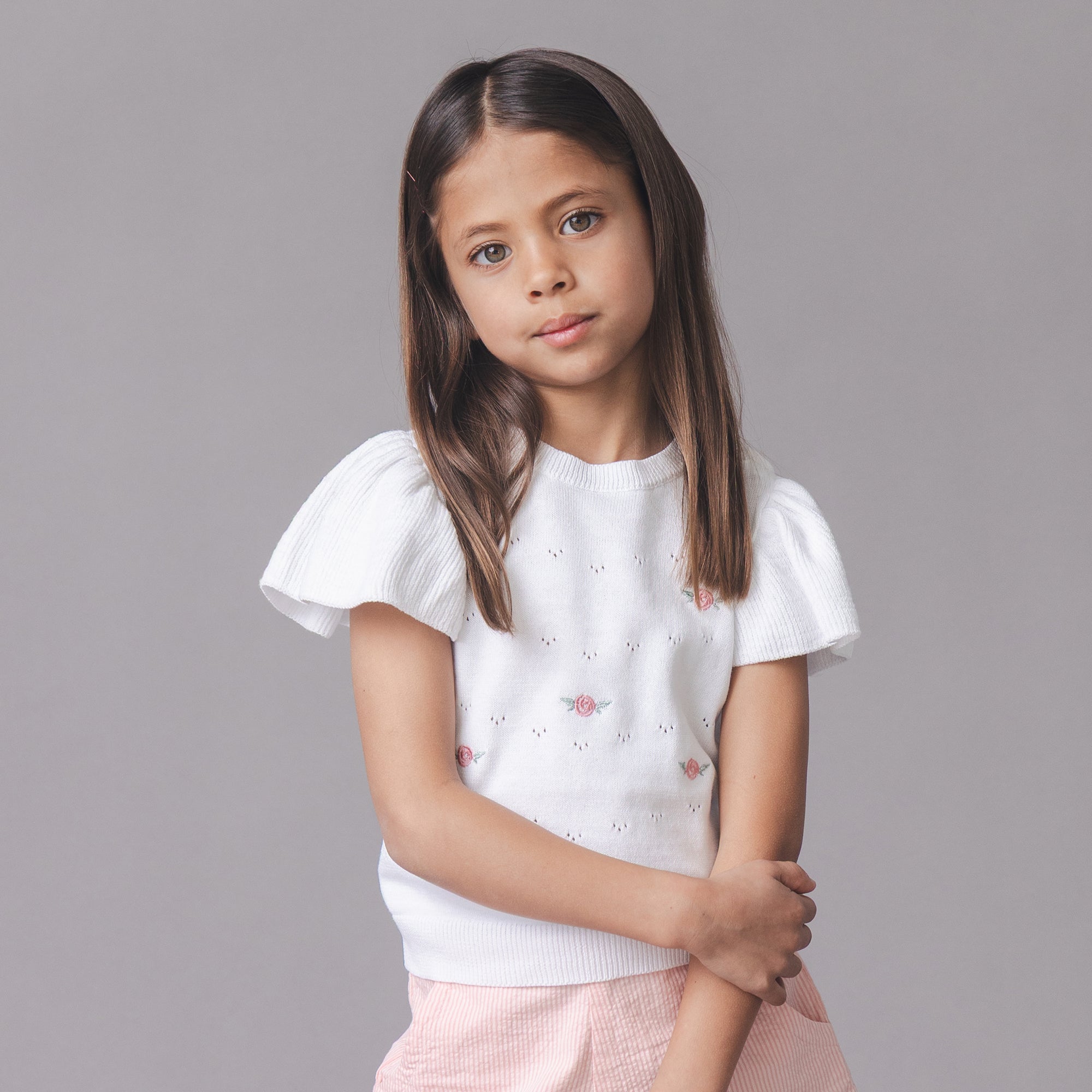 Organic Ruffle Sleeve Pointelle Sweater