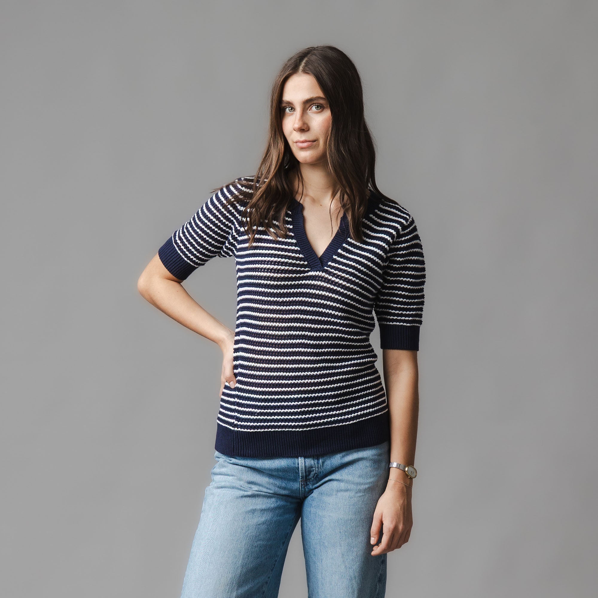 Organic V-Neck Short Sleeve Sweater