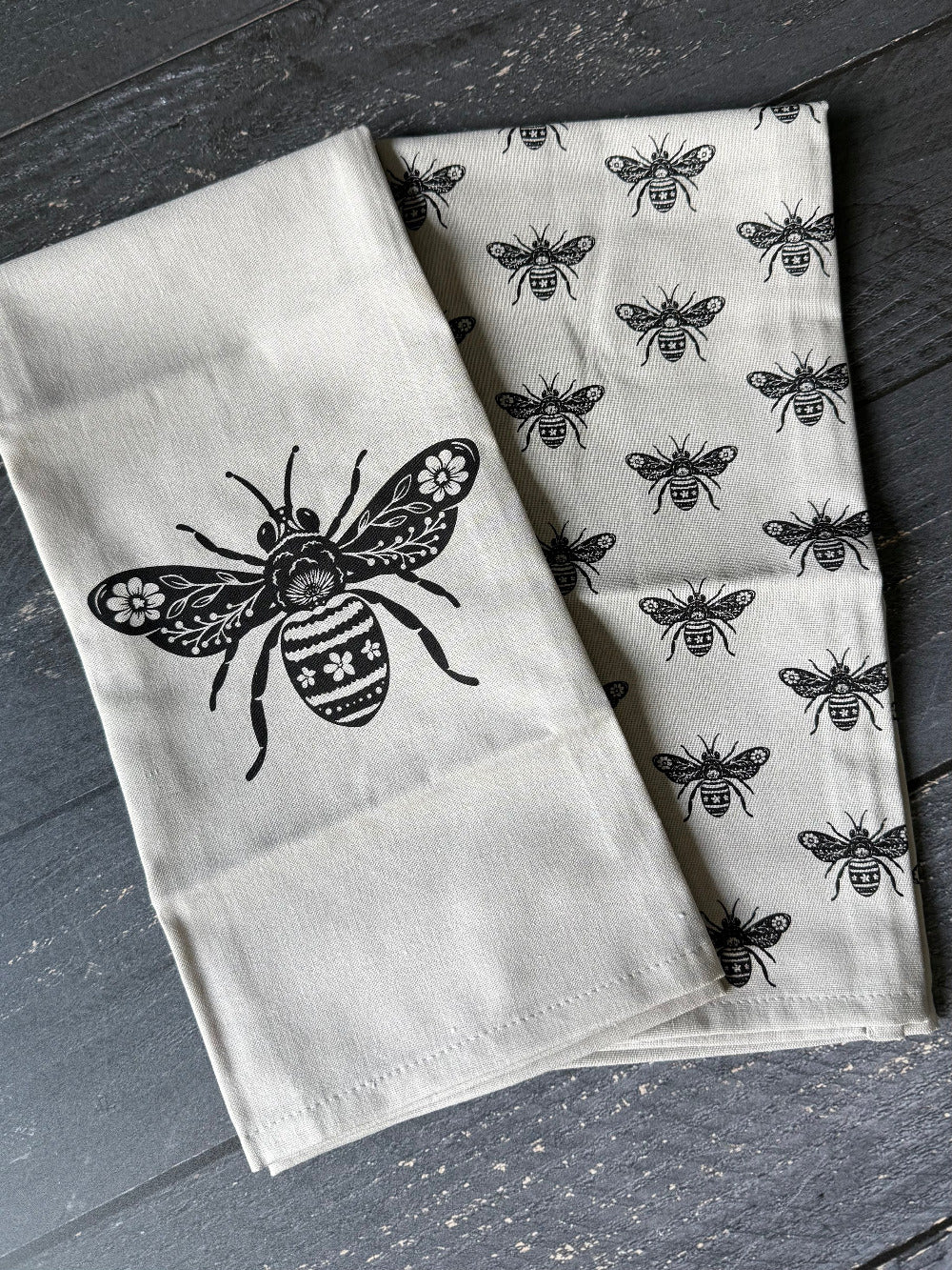 Linen-cotton tea towel with the Five Oaks Farm bee logo