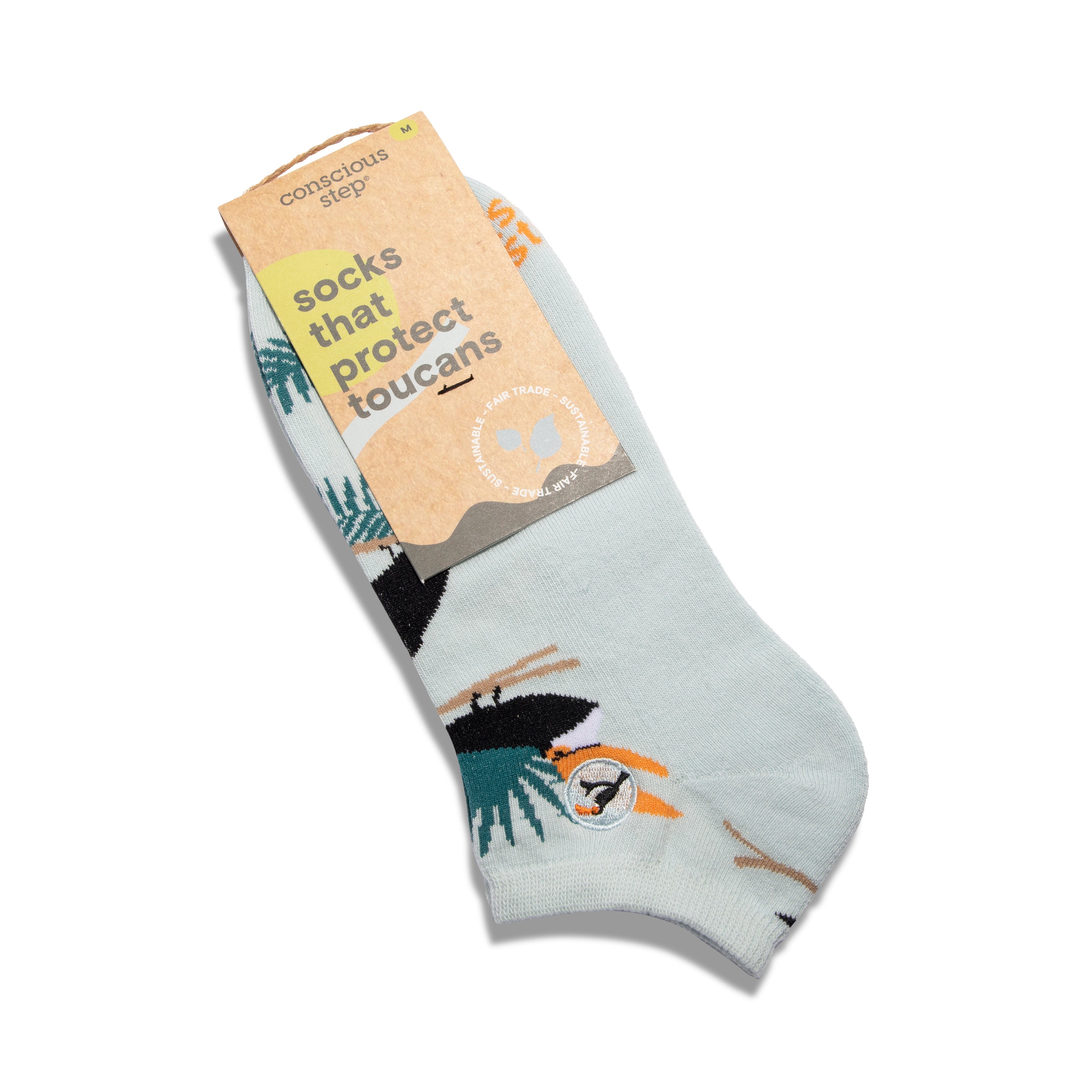 Teal palm-and-toucan organic cotton ankle socks — Conscious Step