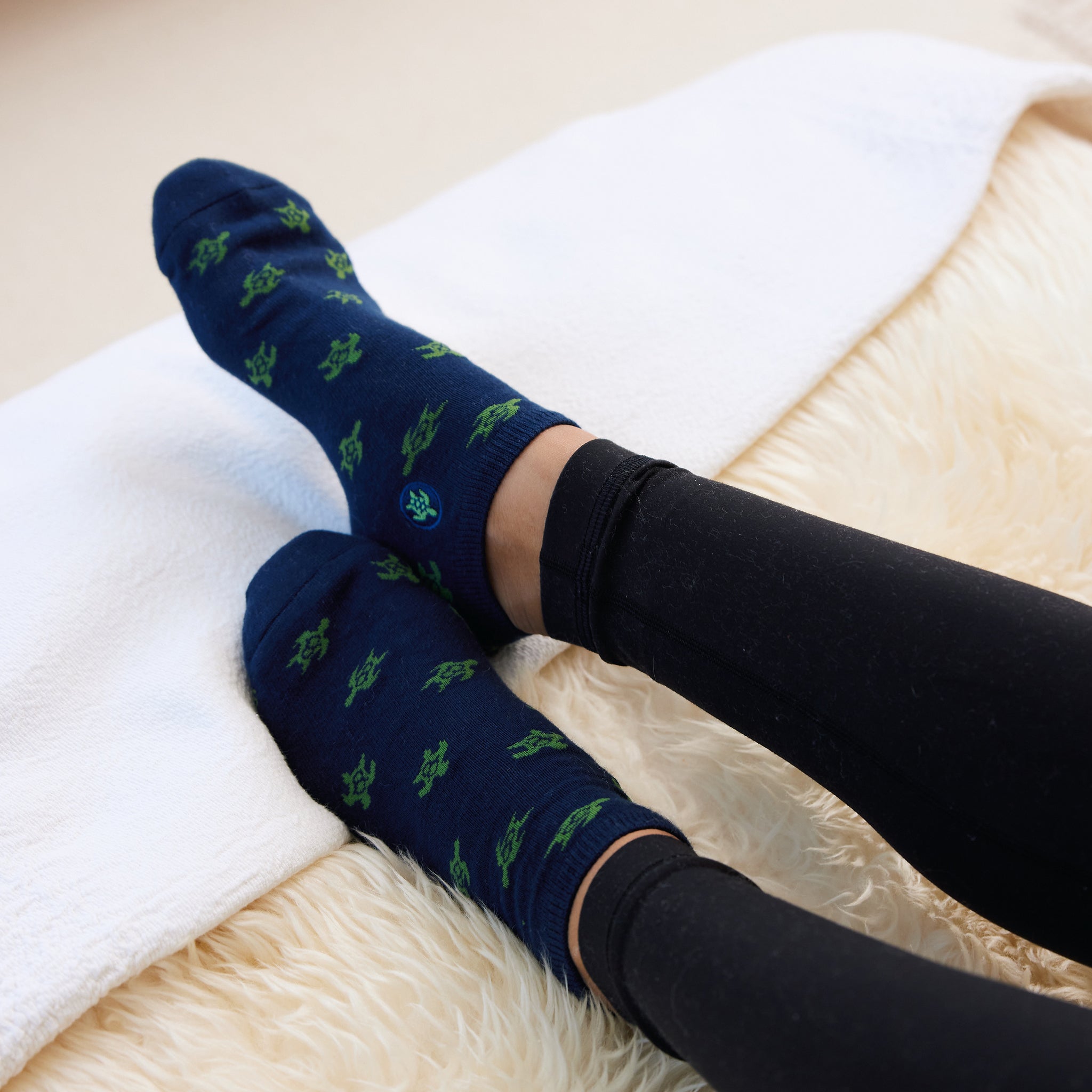 Close-up of sea turtle ankle sock pattern — Conscious Step