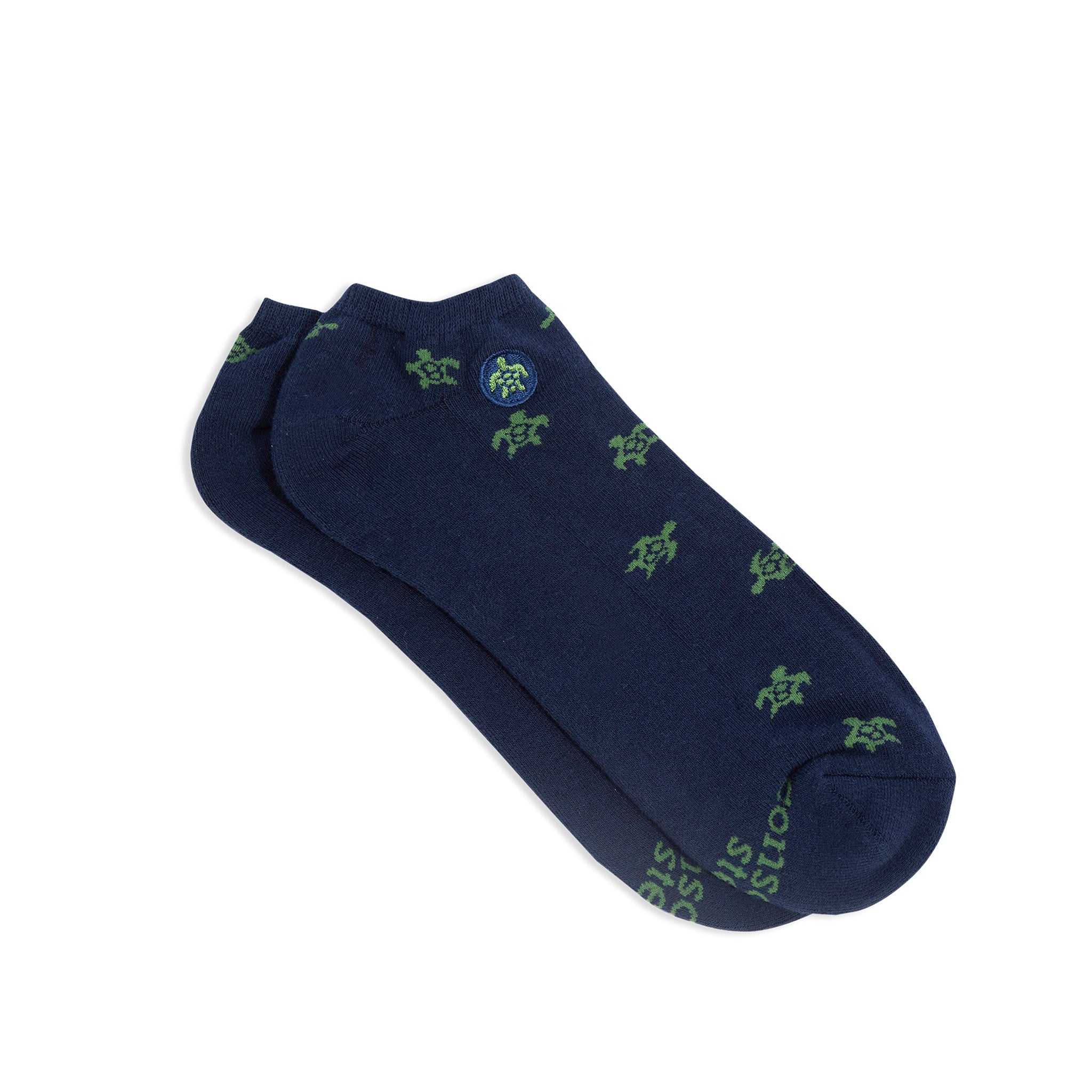 Socks that Protect Turtles by Conscious Step — dark blue organic cotton ankle socks with green sea turtles
