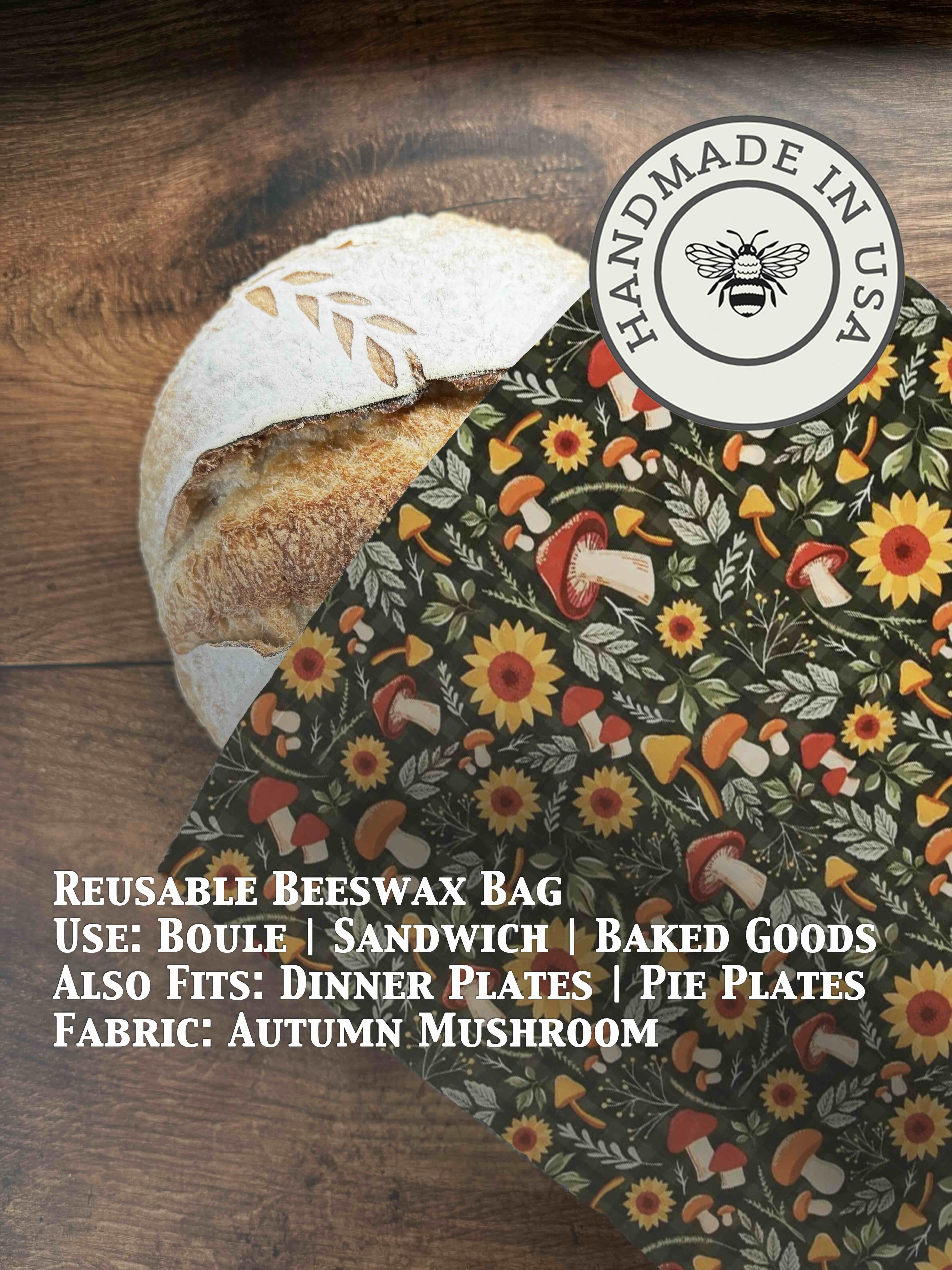 Beeswax bread bag in Autumn Mushroom print — organic cotton, plastic-free