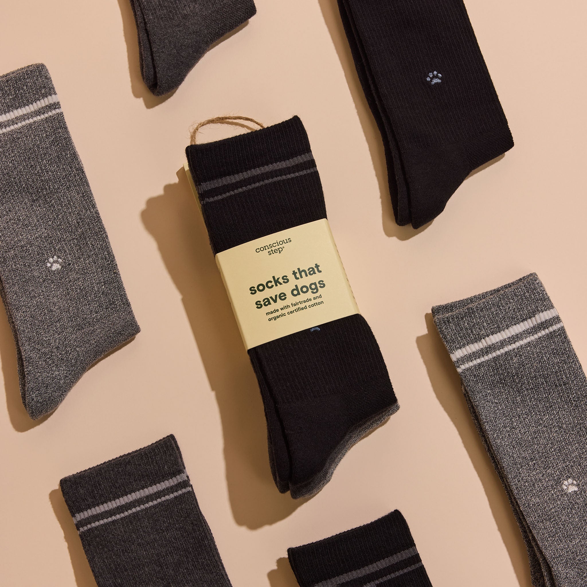Comfort Crew Socks that Save Dogs — ribbed organic cotton crew socks in gray & black, paw print embroidery