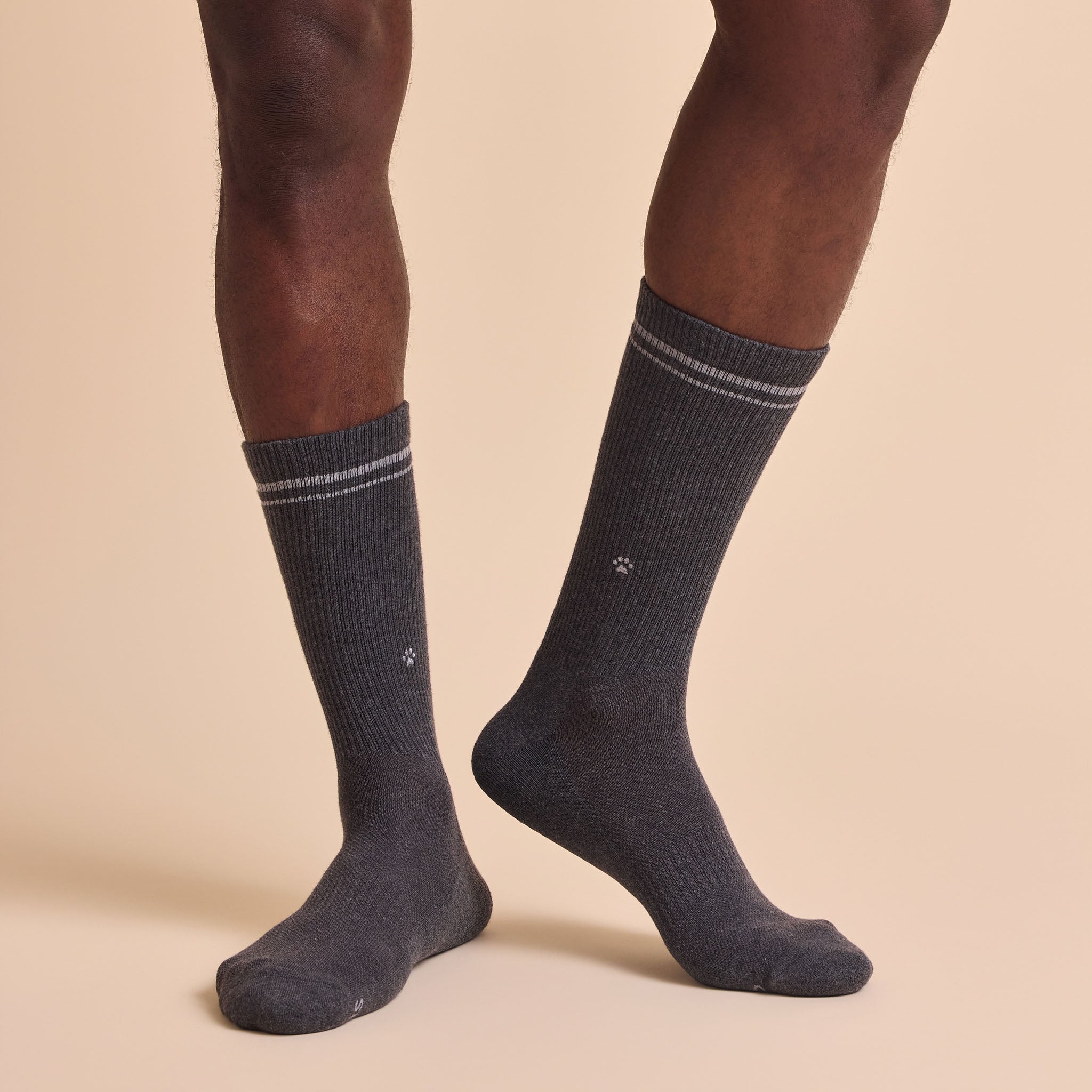 Comfort Crew Socks that Save Dogs — ribbed organic cotton crew socks in gray & black, paw print embroidery