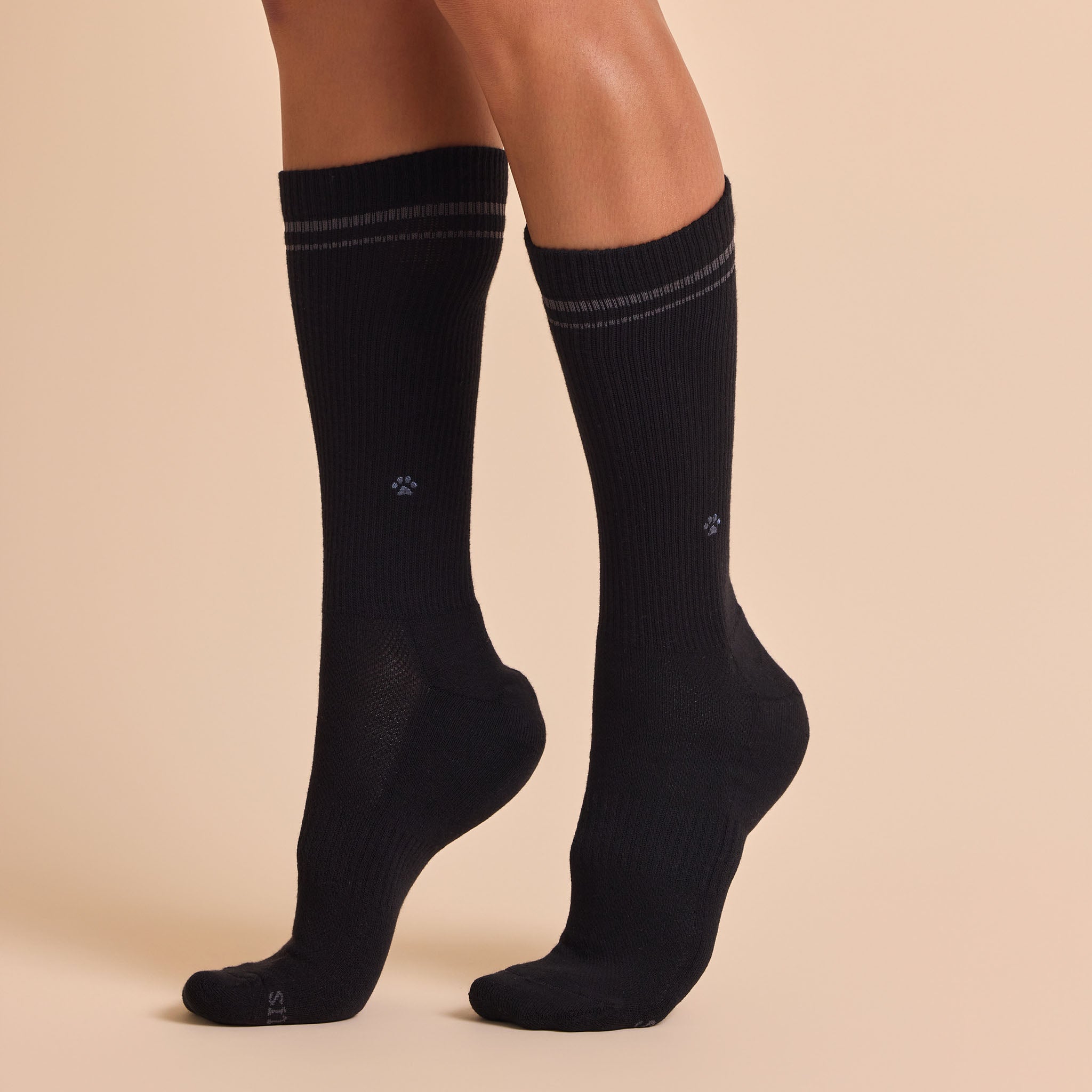 Comfort Crew Socks that Save Dogs — ribbed organic cotton crew socks in gray & black, paw print embroidery